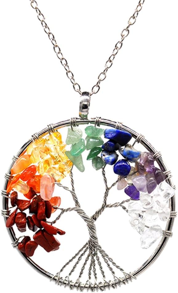 Baum des Lebens Anhänger Halskette, Edelstein Chakra-Anhänger, Kupfer Chakra Edelstein Halskette, Lebensbaum Halskette, 7 Stein Chakra Reiki Energietherapie Heilung Fashion Schmuck, für Damen Herren