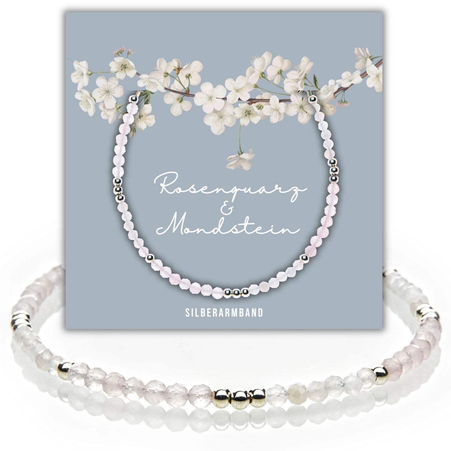 happymaker - Mondstein und Rosenquarz Perlenarmband Damen, handgemacht Edelstein Armband mit Silber 925 Perlen und Verschluss, Silberarmband Geschenkverpackung, Geburtsstein Juni