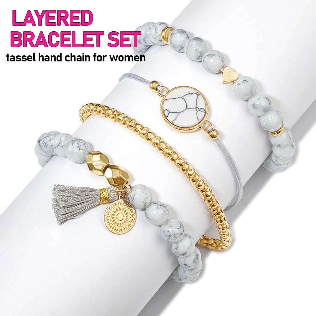 Edary Armband-Set mit Quasten, weißes Marmor-Armband, mit Herz, Perlen-Handkette, verstellbar, für Damen und Mädchen (4 Stück)