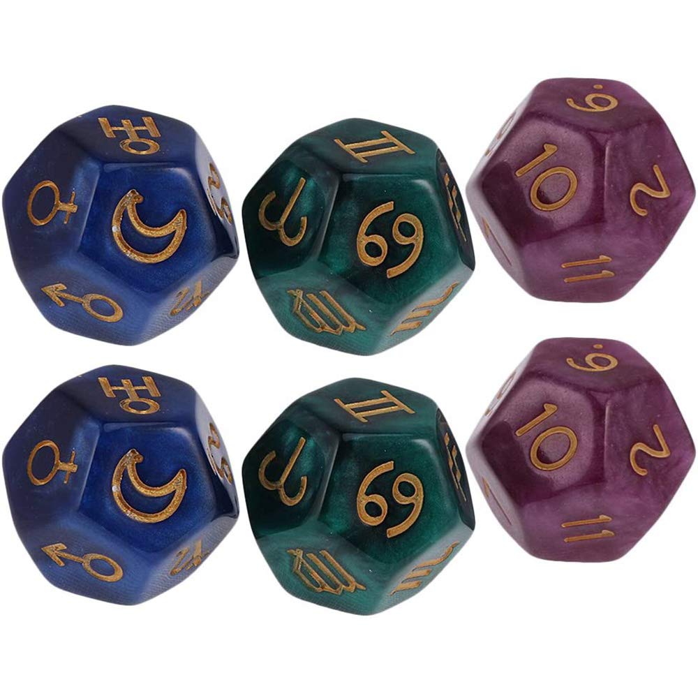 POFET 2 Set 6 Pieces Multicolor 12-Sided Resin Dice Astrology Tarot Constellation Divination Model A