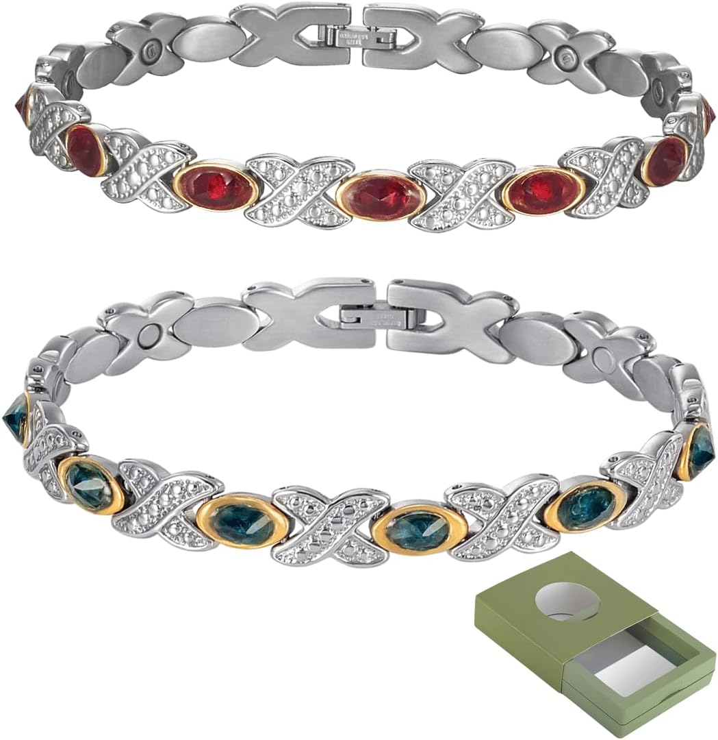 2er-Pack Magnetfeldtherapie-Arthritis-Armbänder für Frauen, Lymphdrainage-Magnettherapie-Armbänder, 10 Stück 3500 Gauss Edelstahl-Armbänder mit simulierten Edelsteinen