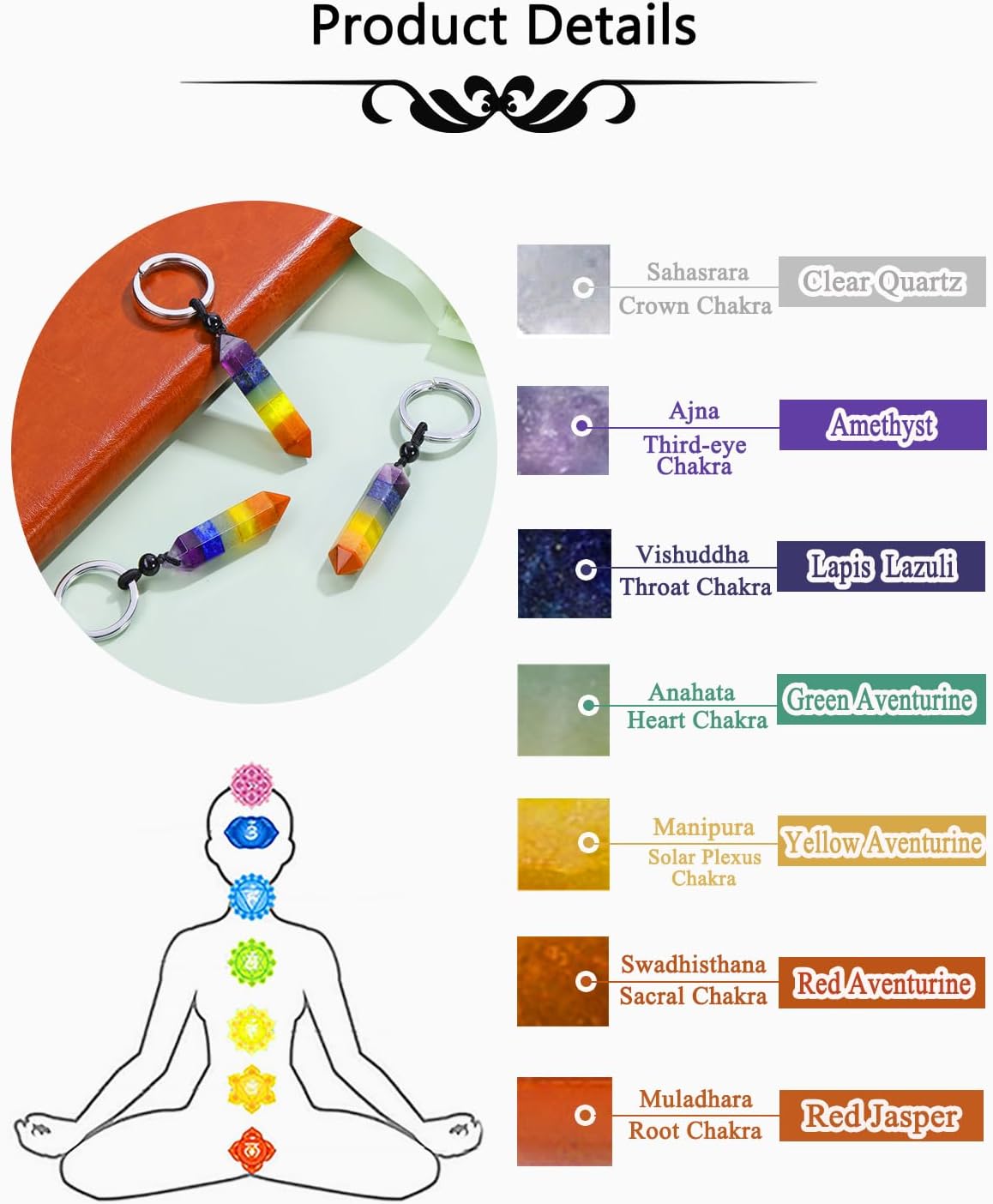 Zysta Gemstone 7 Chakra Keyring Natural Healing Stones Key Ring Hexagon Pendant Healing Reiki Energy Therapy Lucky Keychain for Men and Women, multi-coloured