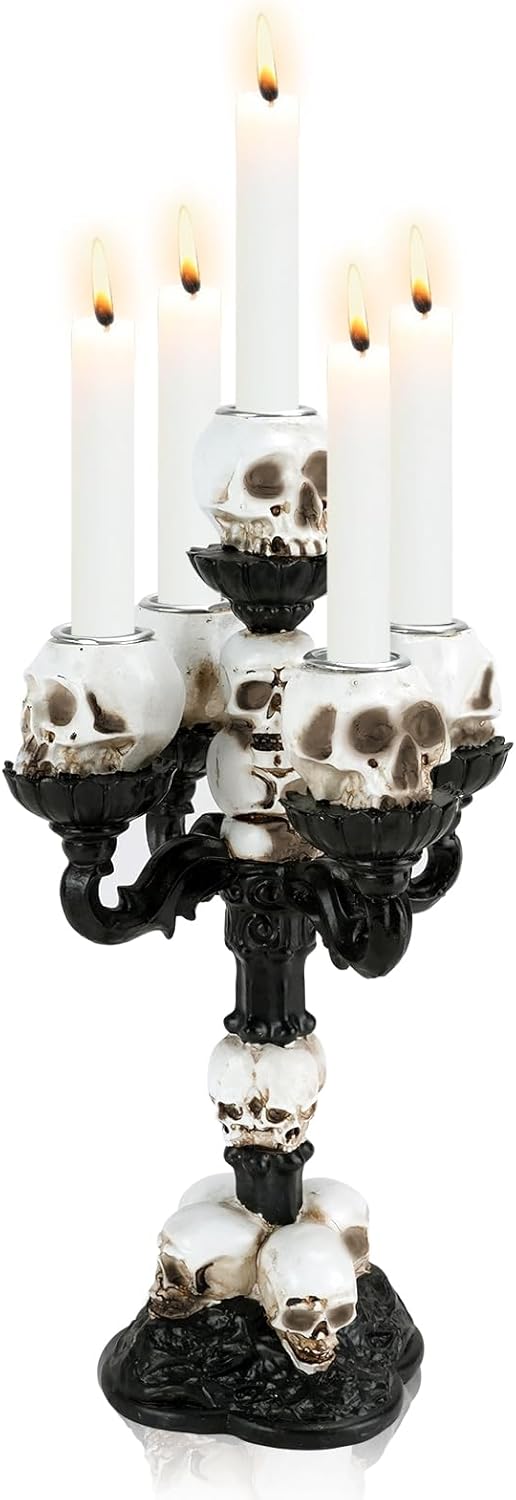 Candle Holder Black Gothic Decoration, Halloween Statue Skull Decorative Candle Holder Taper Candles with 5 Arms, Skull Lamp Resin Ornaments, Vintage Table Decoration for Home Living Room (5 Arms)