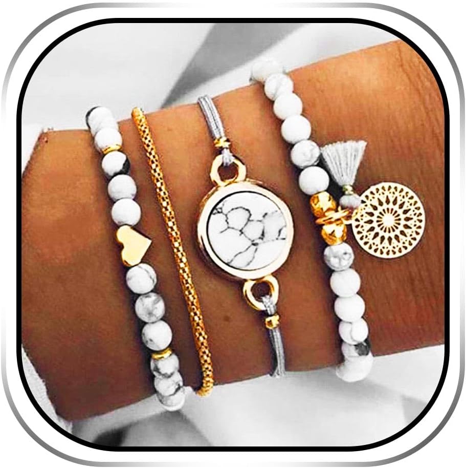 Edary Armband-Set mit Quasten, weißes Marmor-Armband, mit Herz, Perlen-Handkette, verstellbar, für Damen und Mädchen (4 Stück)