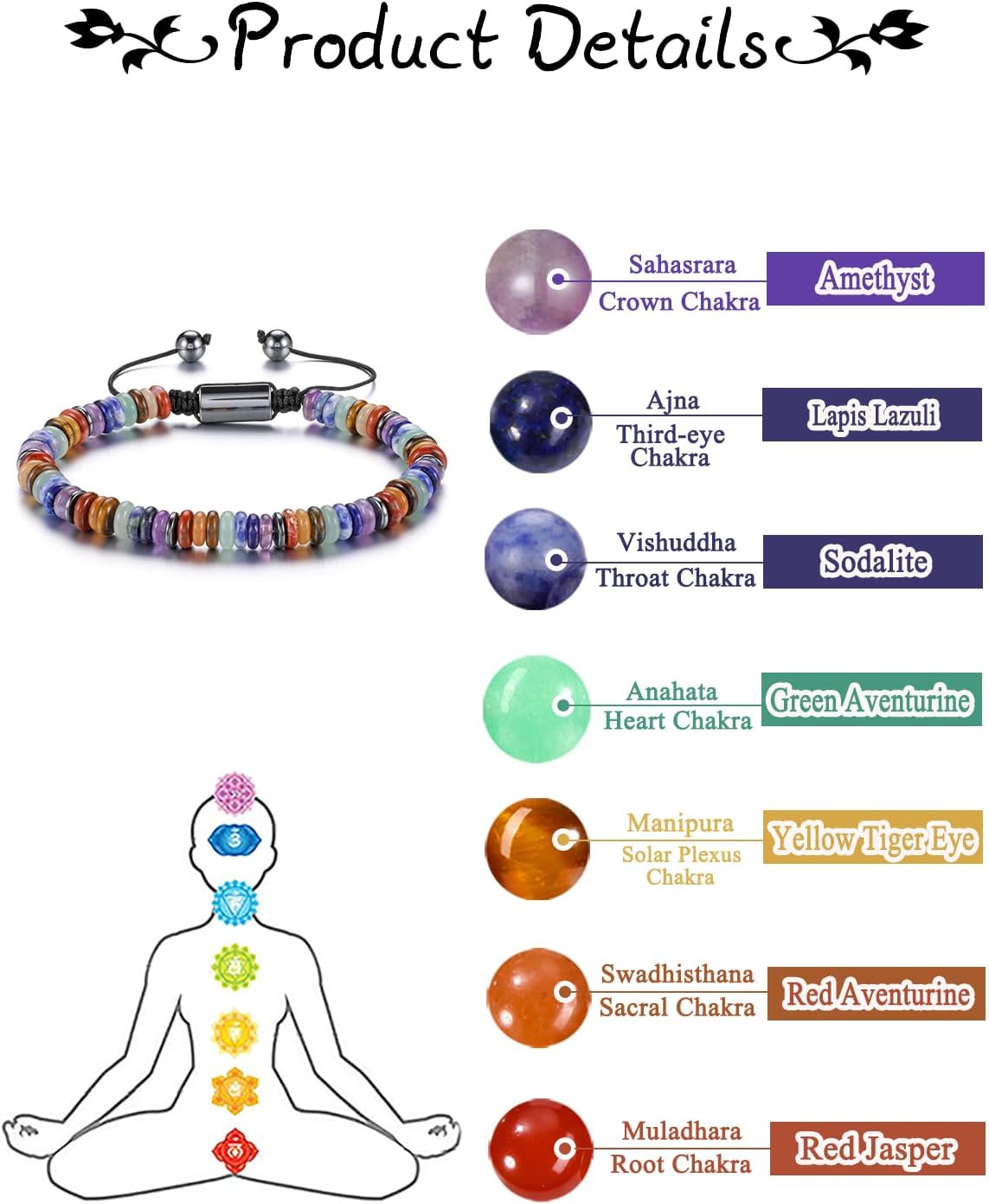 GEHECRST 7 Chakra Armband Edelstein Armbänder Natürliche Chakra Steine Yoga Armband Healing Reiki Energietherapie Glückbringen Edelstein für Damen Herren (Stil 6)
