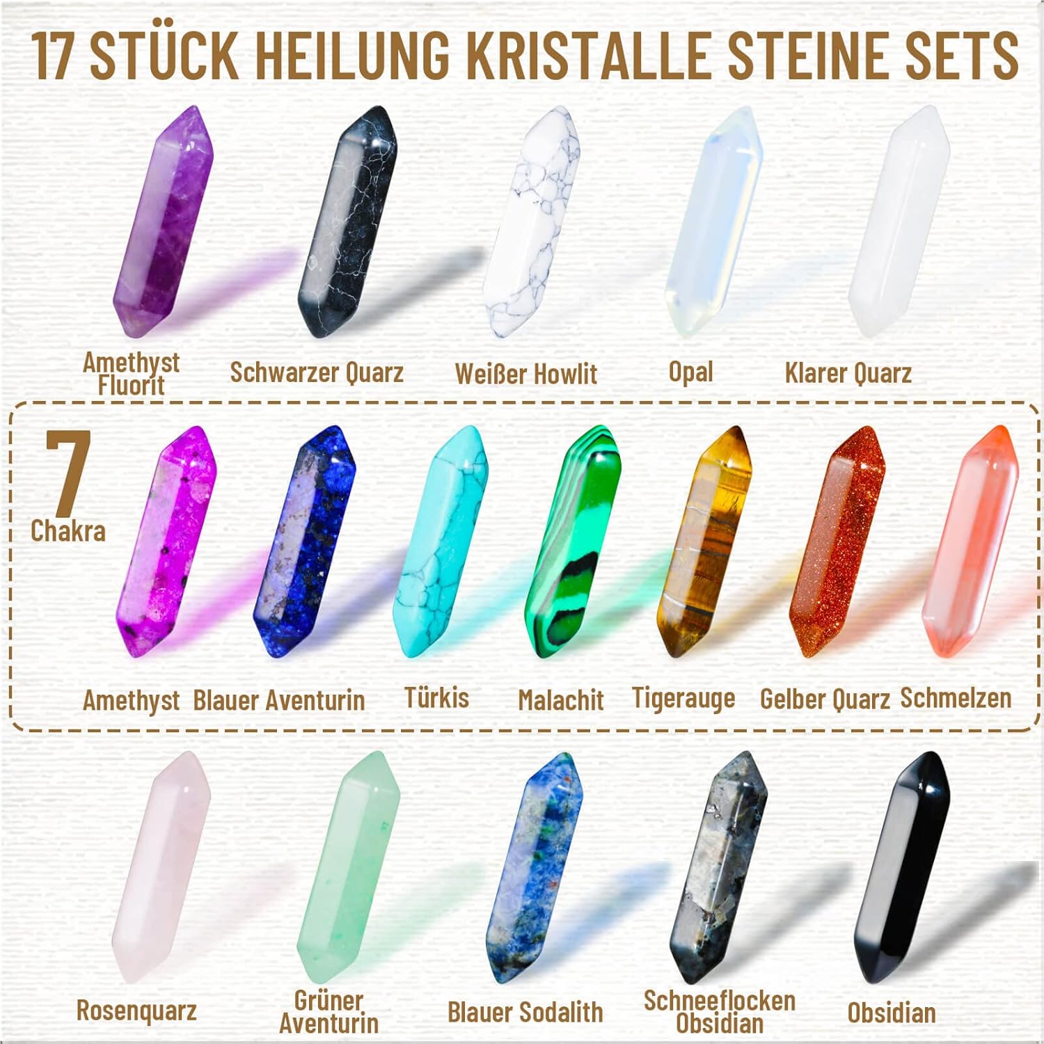 17Stück Heilende Kristalle Steine Sets, Sechseckige Heilkristalle Reiki Meditation Edelsteine Chakra Steine Amethyst Tigerauge Obsidian Rosenquarz Anhänger Spirituelle Deko Esoterik Geschenke