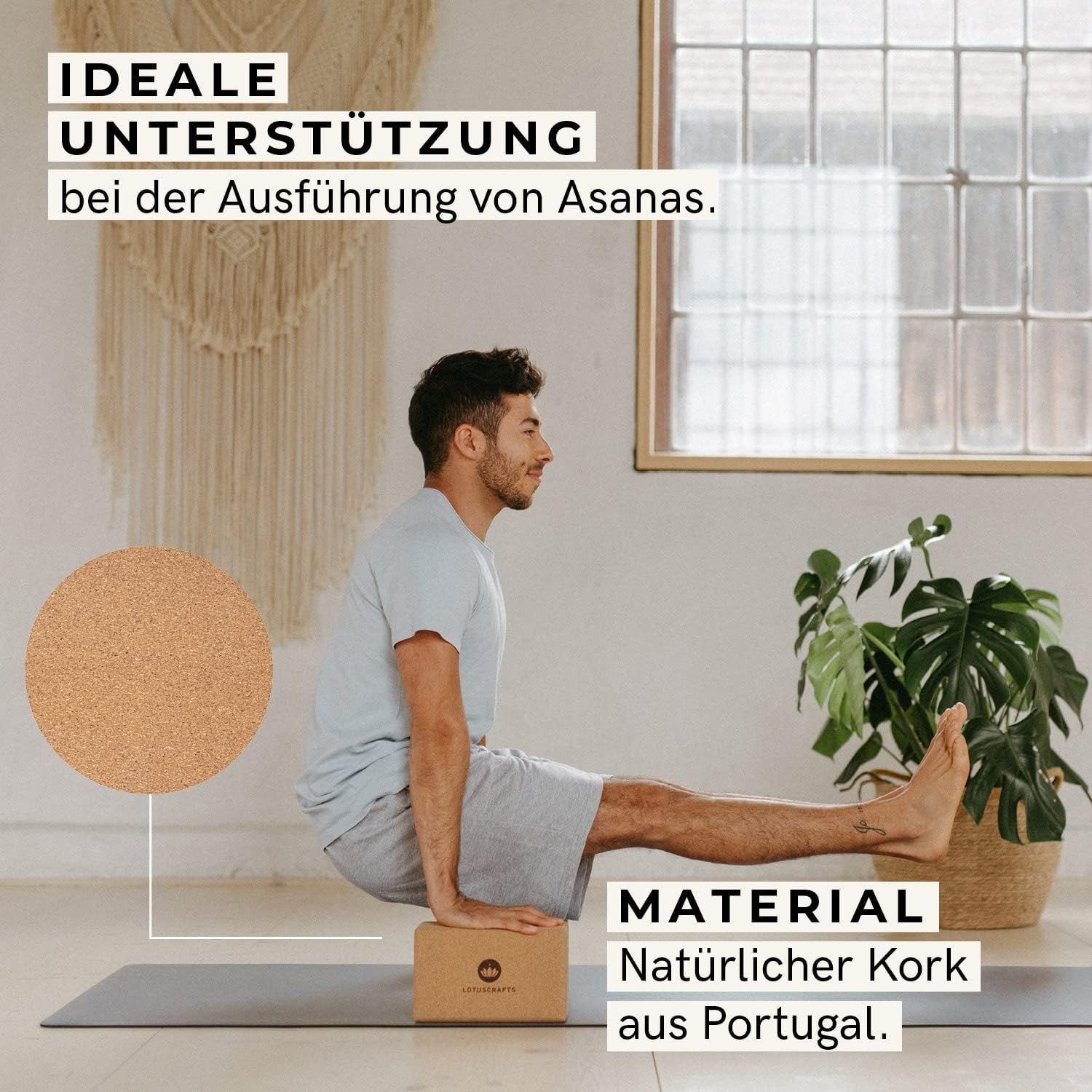 Lotuscrafts® Yoga Block Kork 2er Set oder Einzeln, Korkblock in 2 Größen, Made in Portugal, 100% Natürliche Yogablöcke aus Kork, Yoga Zubehör für Anfänger & Fortgeschrittene