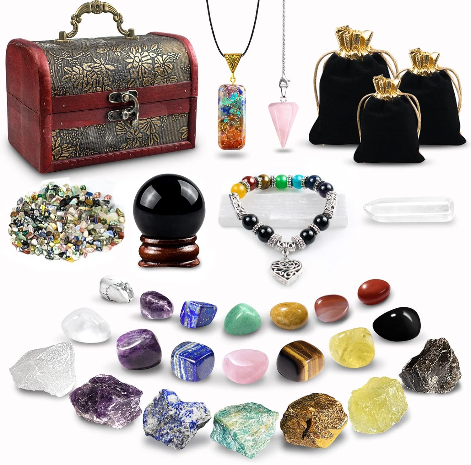 21 Stück Kristalle Steine Set,Kristall Heilsteine,Heilkristalle Edelsteine 7 Kristallen,7 Chakra-Stein und Pyramide mit Stoffbeutel für Meditation,Adventskalender,Reiki,Energieausgleich