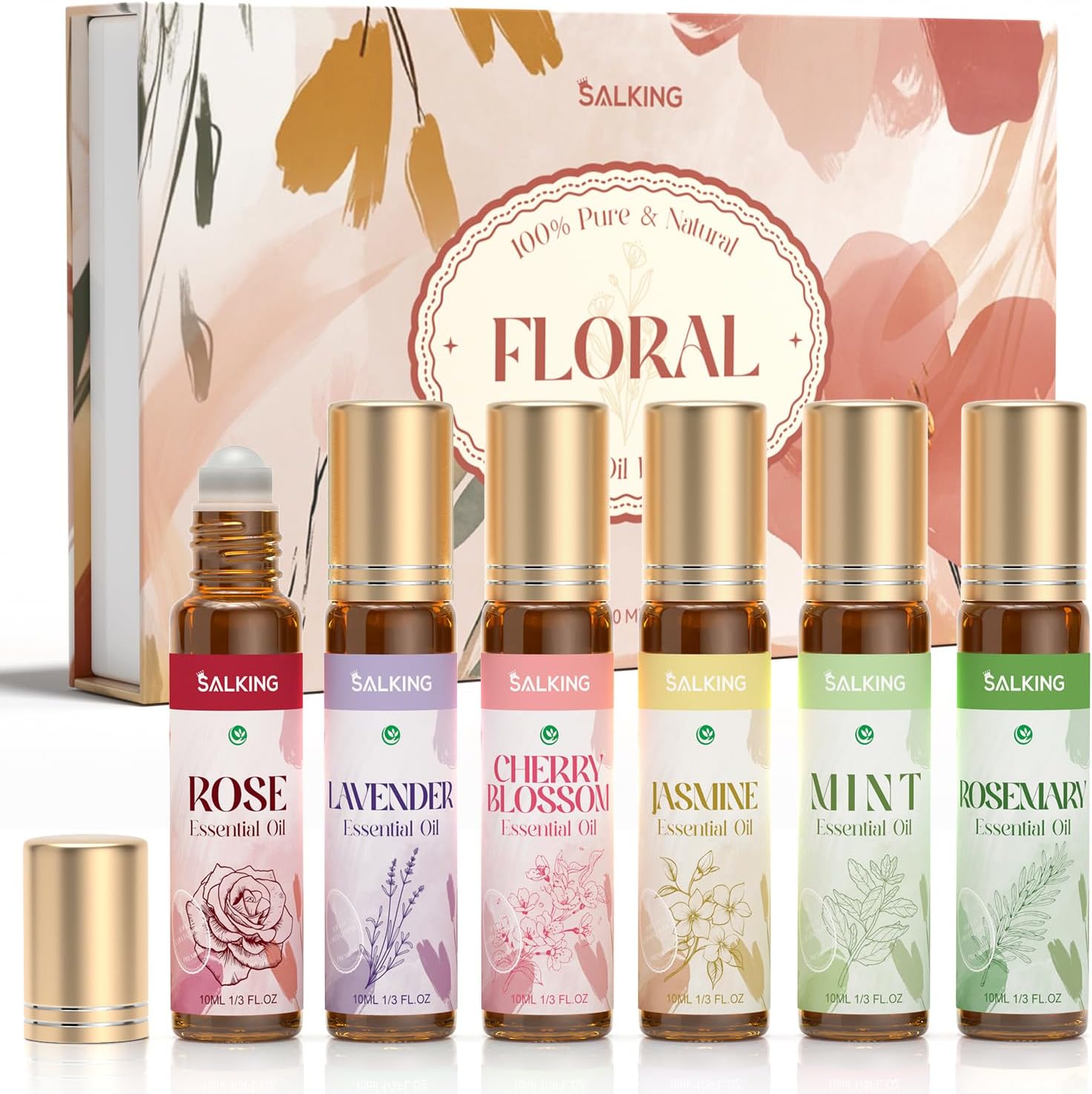 SALKING Aufrollen Ätherische Öle Set, Aromatherapie Blume Roll On Duftöl GeschenkSet, Duftöle für Diffuser Luftbefeuchter,6x10 ml Rose, Lavendel, Kirschblüte, Jasmin, Minze, Rosmarin