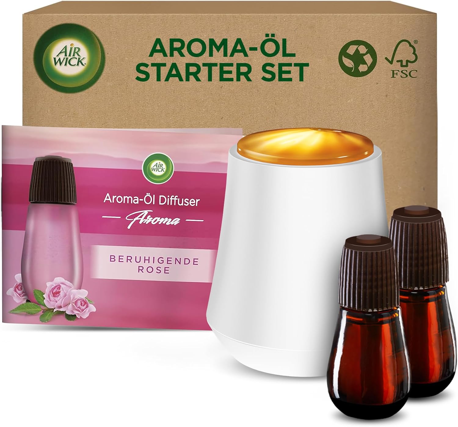 Air Wick Aroma-Öl Flakon Starter Set - Diffuser mit 2 Nachfüllern - Aromatherapie - Duft: Beruhigende Rose - Floraler Raumduft mit ätherischen Ölen - 2 x 20 ml Öl + Gerät in Weiß