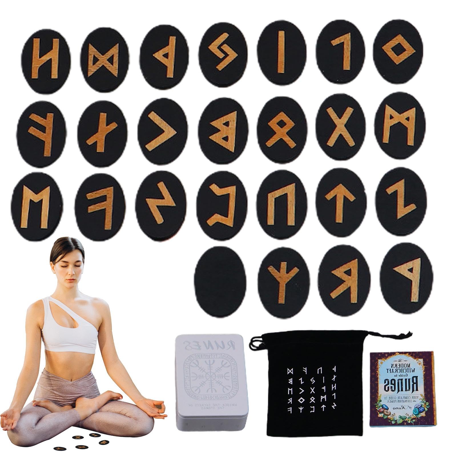 Fabixoin Witch Runes Set | Altar Divination Tools with Manual and Storage Bag, 25 Pieces Wooden Runes for Meditation, Spirituality, Entertainment, Witch Home Decoration