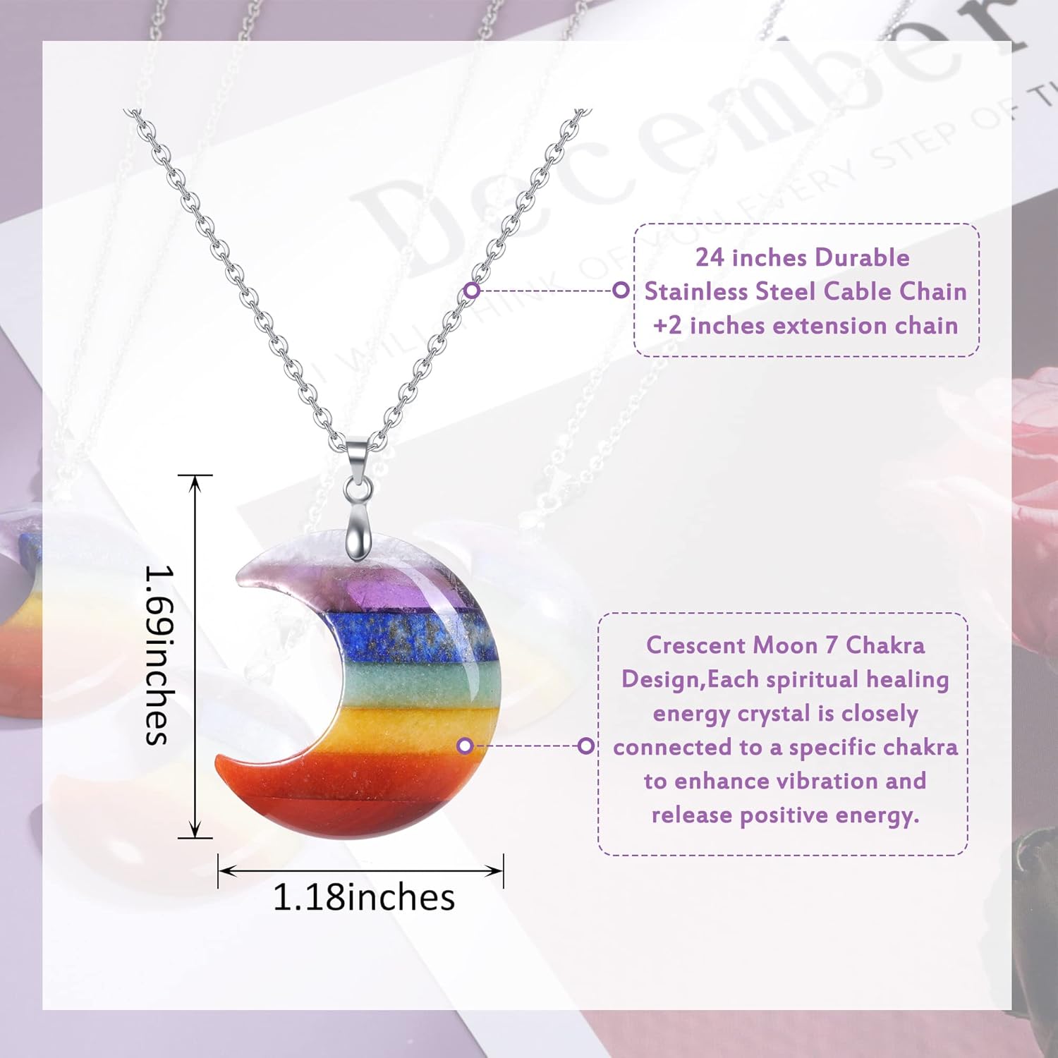JSDDE 7 Chakra Anhänger Halskette Heilstein Mond Anhänger Kette Amulett Anhänger Reiki Glücksbringer Schmuck
