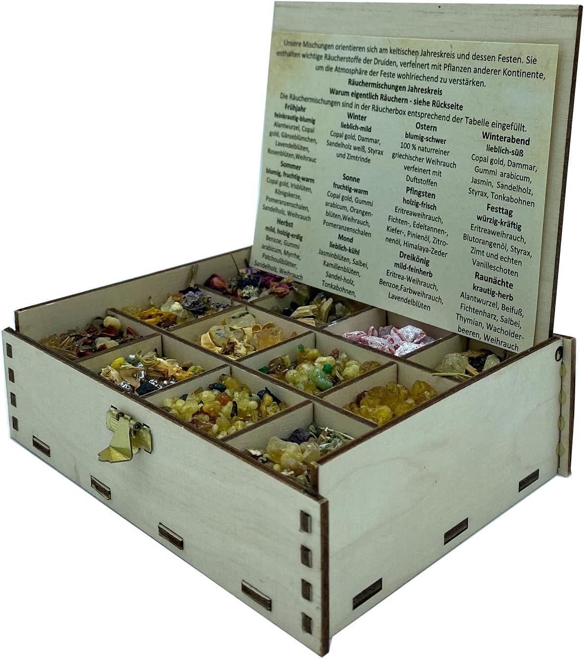 Heilkräuter Manufaktur Räucherbox Geschenkbox mit 12 Sorten Räuchermischungen Rituale im Jahreskreis, Jahreszeiten, 14 x 10 x 4 cm