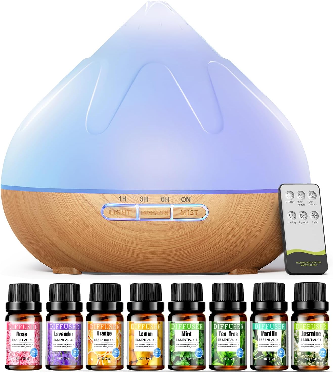 Aroma Diffusor Set für Ätherische Öle 500 ML, 8 x10 ML Ätherische Öle, Aromatherapie Diffuser Mit Fernbedienung,14 Farben LED Mit 4 Timer-Einstellung
