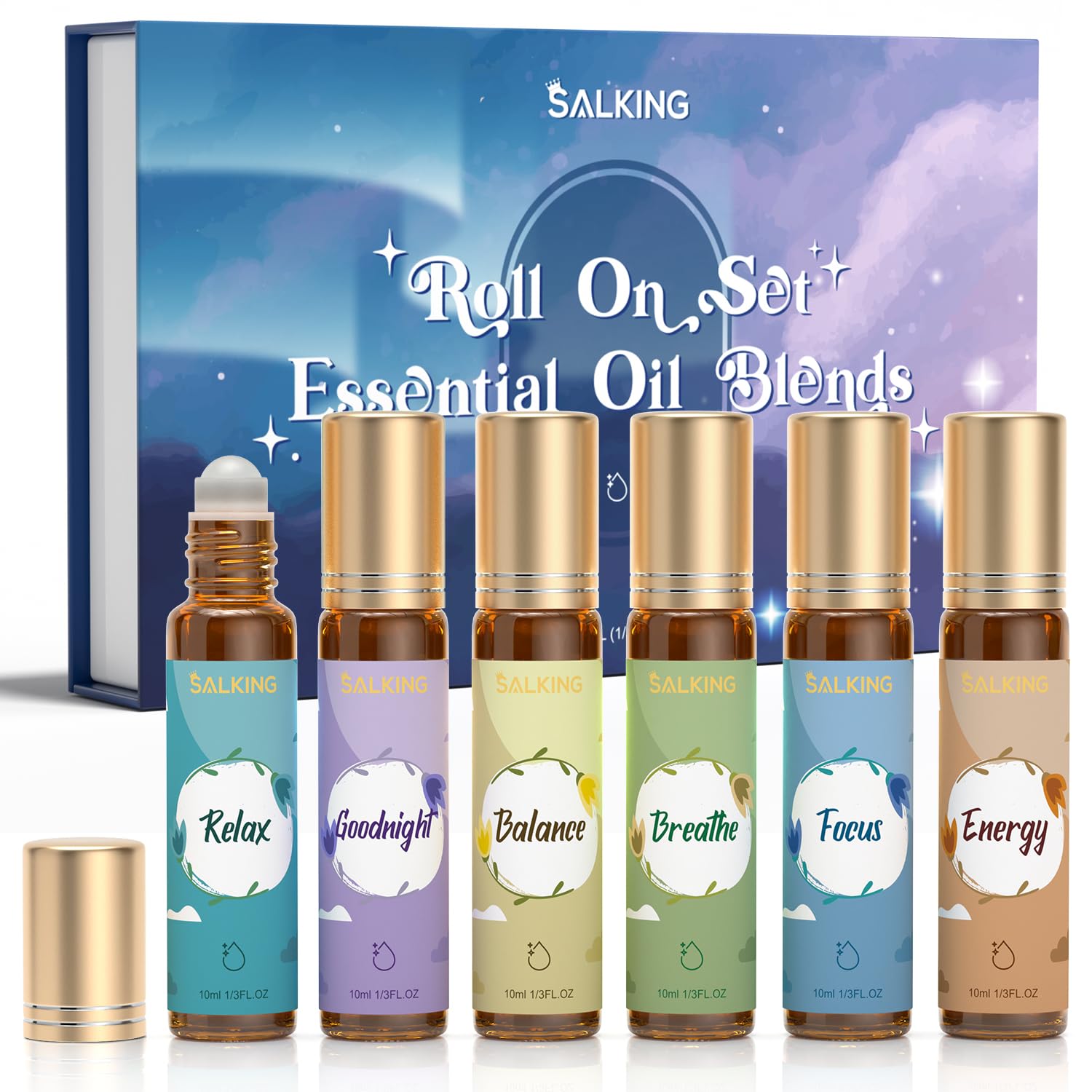 SALKING Aufrollen Ätherische Öle Set, Aromatherapie Blume Roll On Duftöl GeschenkSet, Duftöle für Diffuser Luftbefeuchter,6x10 ml Rose, Lavendel, Kirschblüte, Jasmin, Minze, Rosmarin