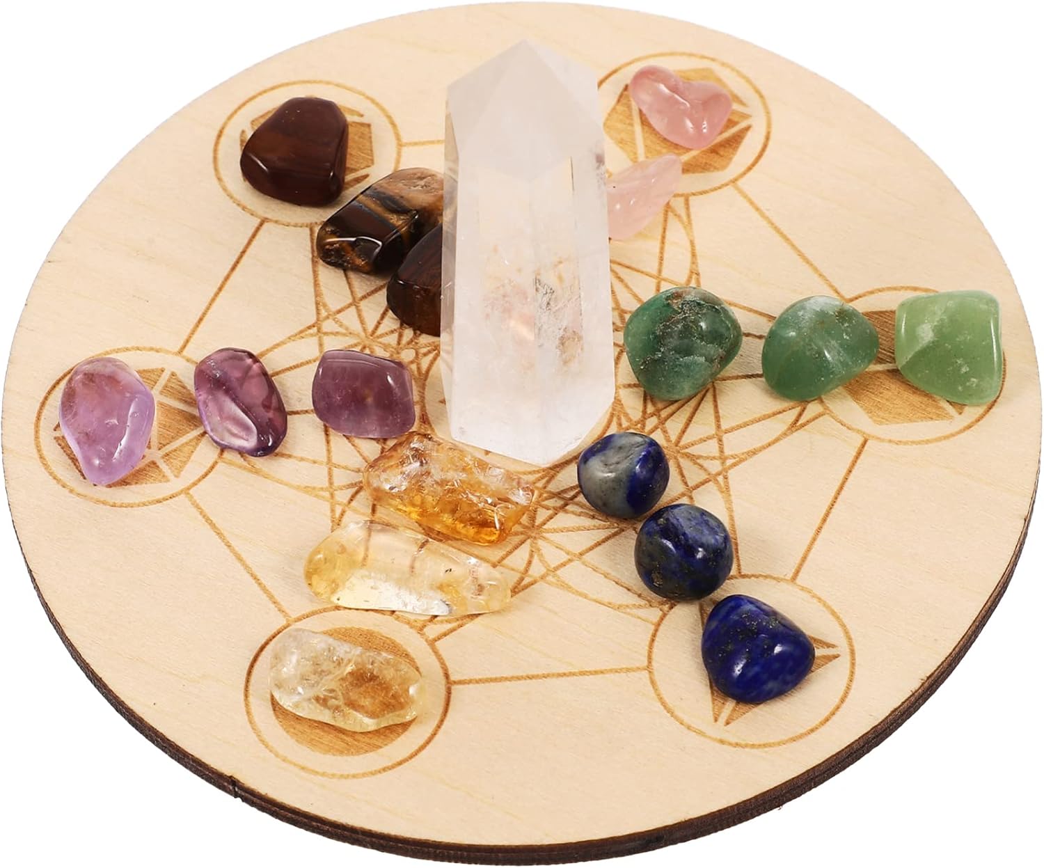 Artibetter Metatrons Cube Crystal Grid Sacred Geometry with Stone Chakra Raw Crystal Dots Mountain Sacred Geometry Wood Energy Grid Altars Supplies