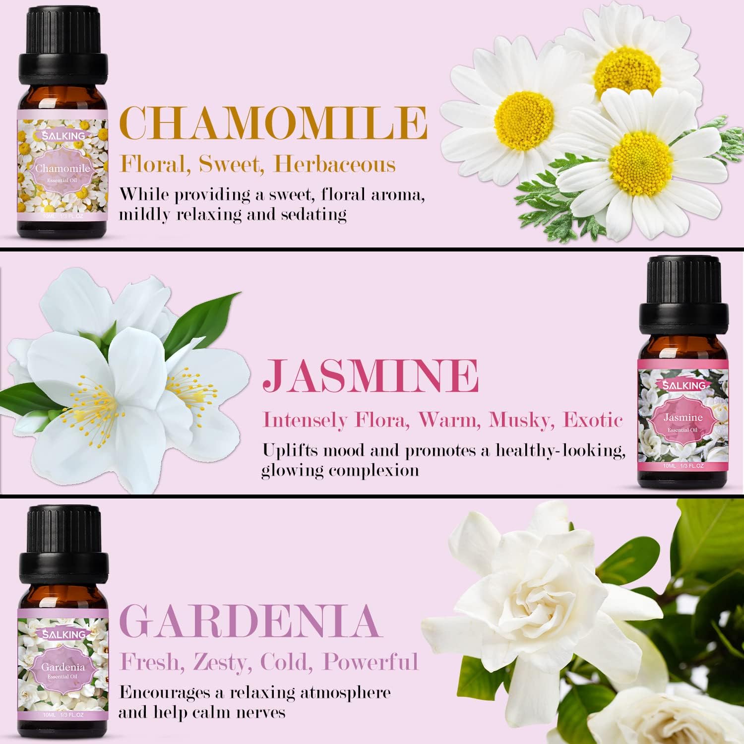 SALKING Essential Oils Set, Aromatherapy Fragrance Oil Gift Set, 100% Pure Fragrance Oils for Diffuser, Oil Lamps, Humidifier, Massage, 6 x 10 ml (Lavender, Rose, Cherry Blossom, Jasmine, Gardenia,