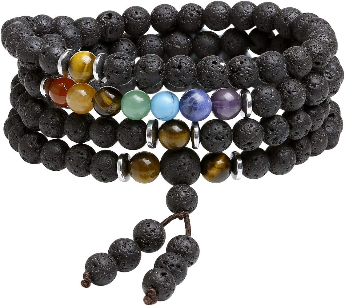 CrystalTears 108 Perlen Mala Kette 6mm Stein Wickelarmband Chakra Armband Healing Reiki Edelstein Yoga Armreif Buddha Gebetskette Halskette (Lava Stein)