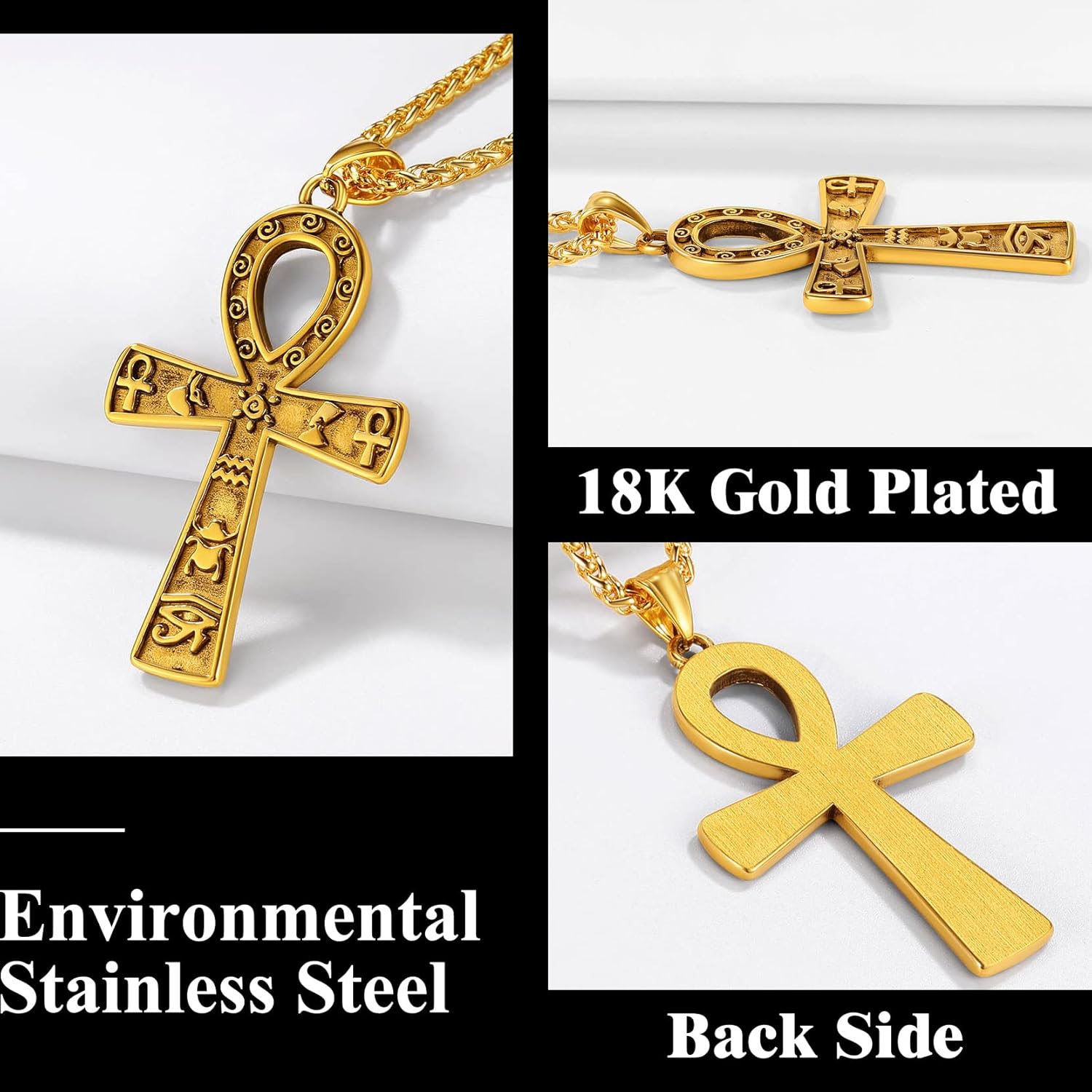 Richsteel Edelstahl Ägyptische Kreuzkette für Herren Jungen Religiöser Amulett Horusauge Kette Ankh Schmuck für Geburtstag Vatertag