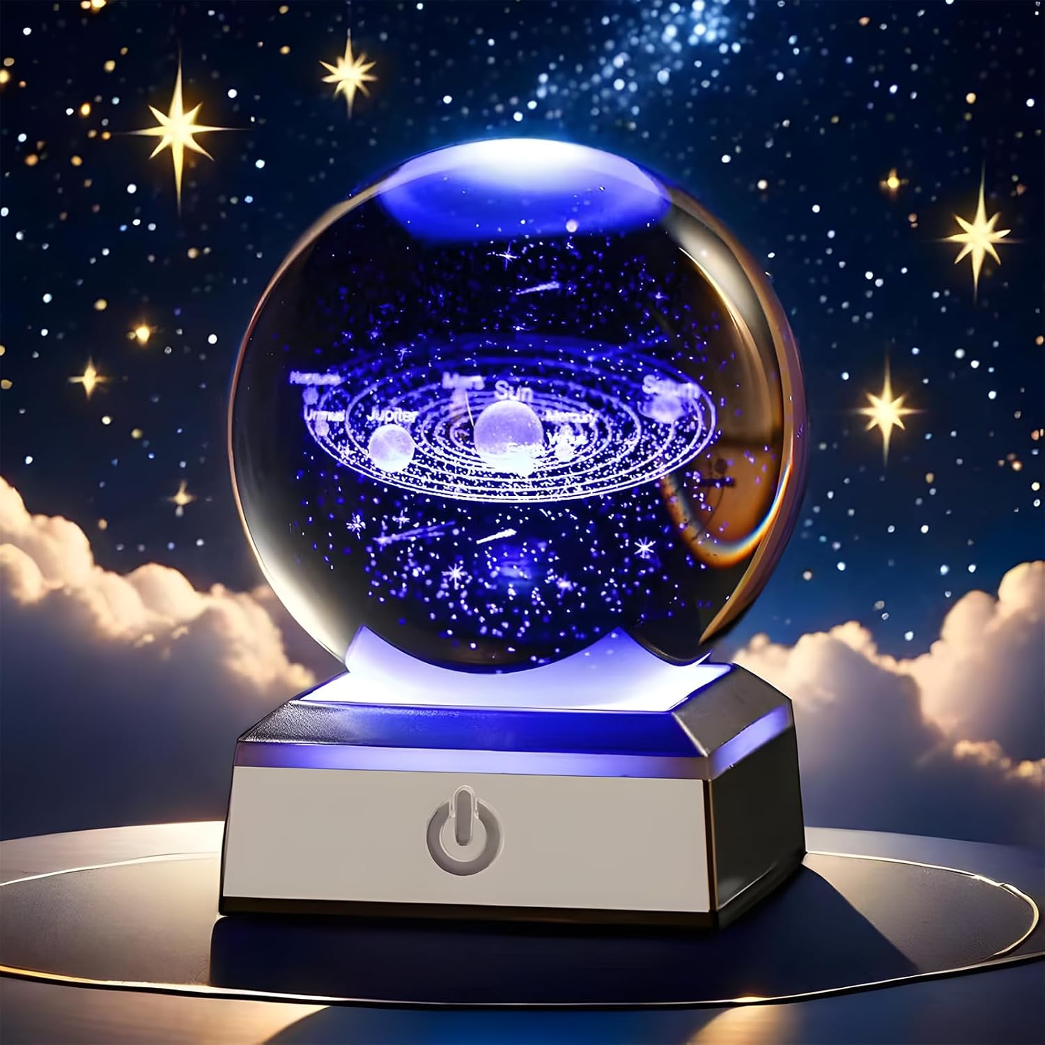 3D Sonnensystem Kristallkugel, 3D Planeten Kristallkugel, Kristallkugel Glaskugel mit 8 cm Led Bunte Nachtlicht Basis, Nachtlicht Dekolampe für Weihnachten Thanksgiving Valentinstag Geburtstag