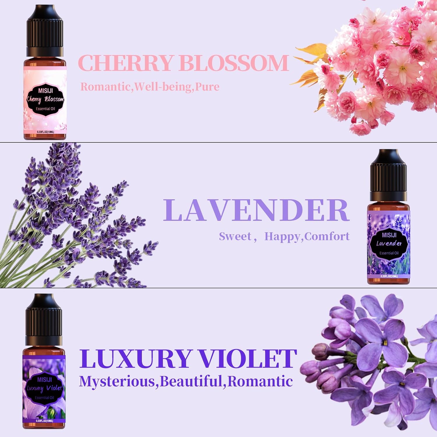 MISIJI Flower Ätherische Öle Set für Diffuser, Aromatherapie Duftöl GeschenkSet, Duftöle für Diffuser,Kerzenherstellung,Mestery Rose, Kirschblüte, Luxus Veilchen, Rosmarin, Vanille, Lavendel