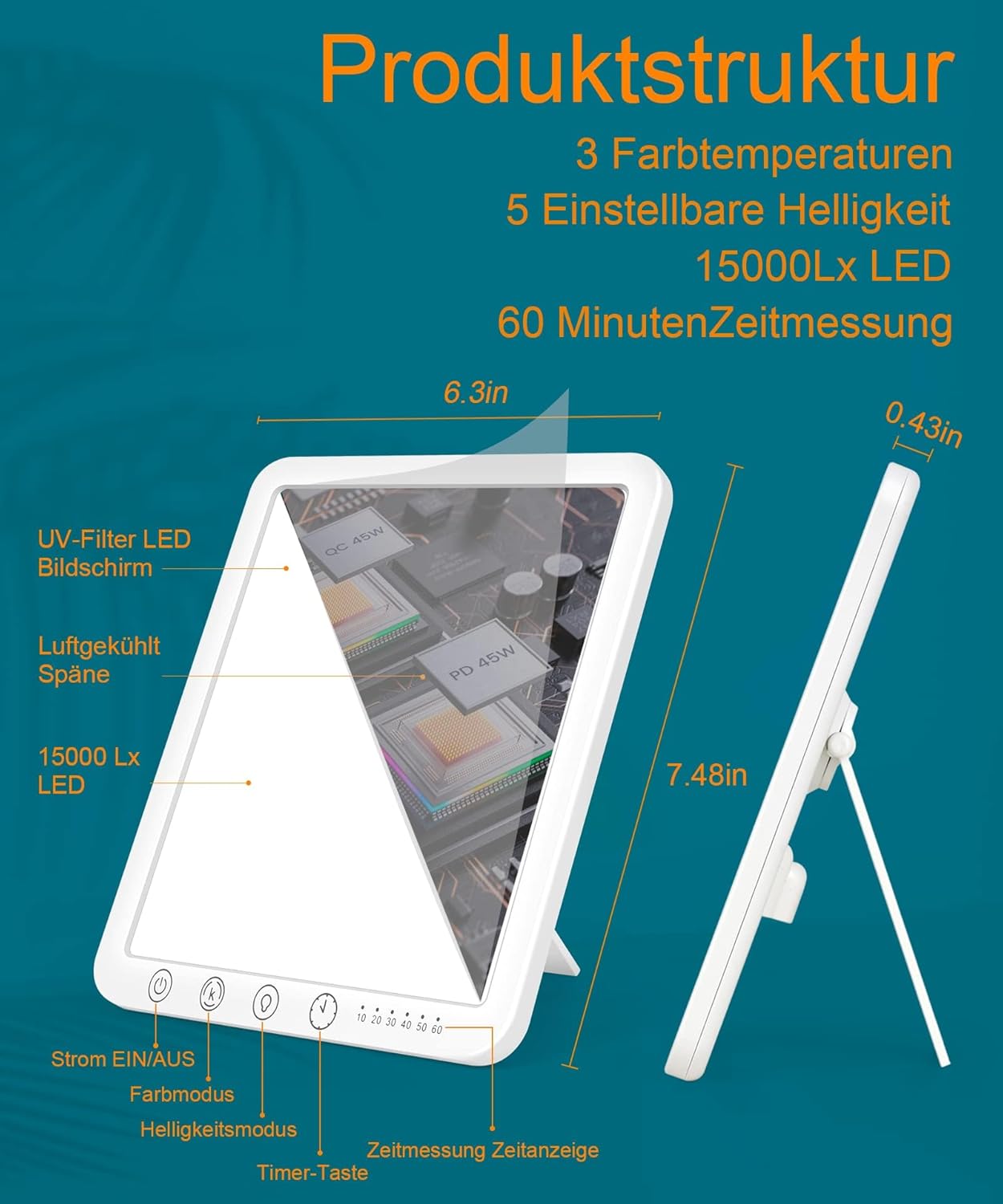 Sotipevs Tageslichtlampe 15000 Lux, UV-freie LED Lichttherapielampe Tageslicht, LED Daylight Lampe, Touch-Control Sonnenlicht Lampe, Vollspektrumlampe für Zuhause/Büro