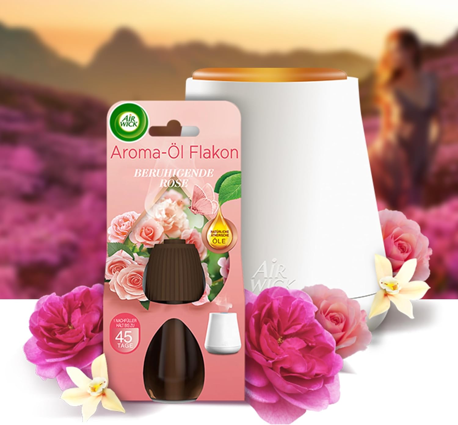 Air Wick Aroma-Öl Flakon Starter Set - Diffuser mit 2 Nachfüllern - Aromatherapie - Duft: Beruhigende Rose - Floraler Raumduft mit ätherischen Ölen - 2 x 20 ml Öl + Gerät in Weiß