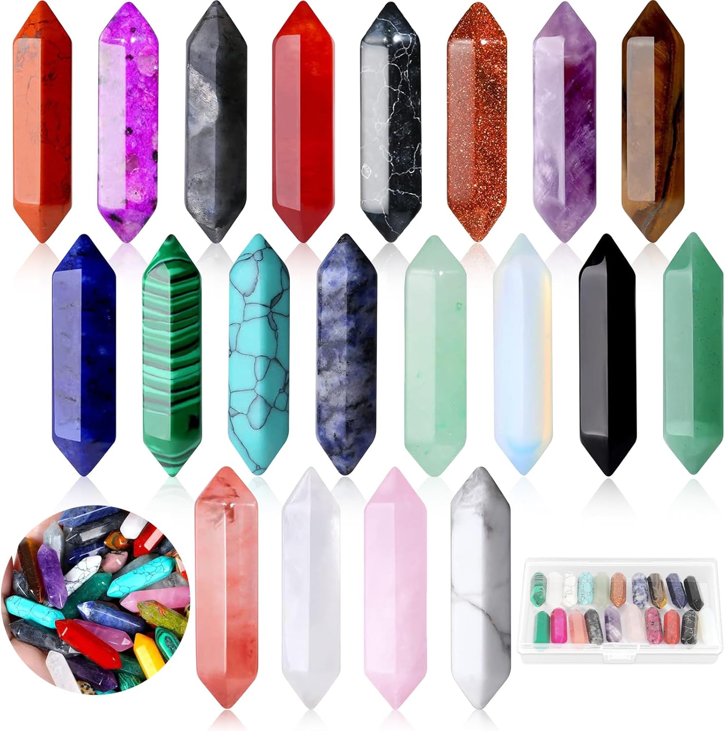 SaiXuan 20 Stück Edelstein Sechseckig, Natürliche Kristalle zur Chakren-Ausrichtung, Meditation & Energieheilung, Mit Amethyst, Obsidian, Tigerauge für Spirituelle Deko & DIY-Schmuck