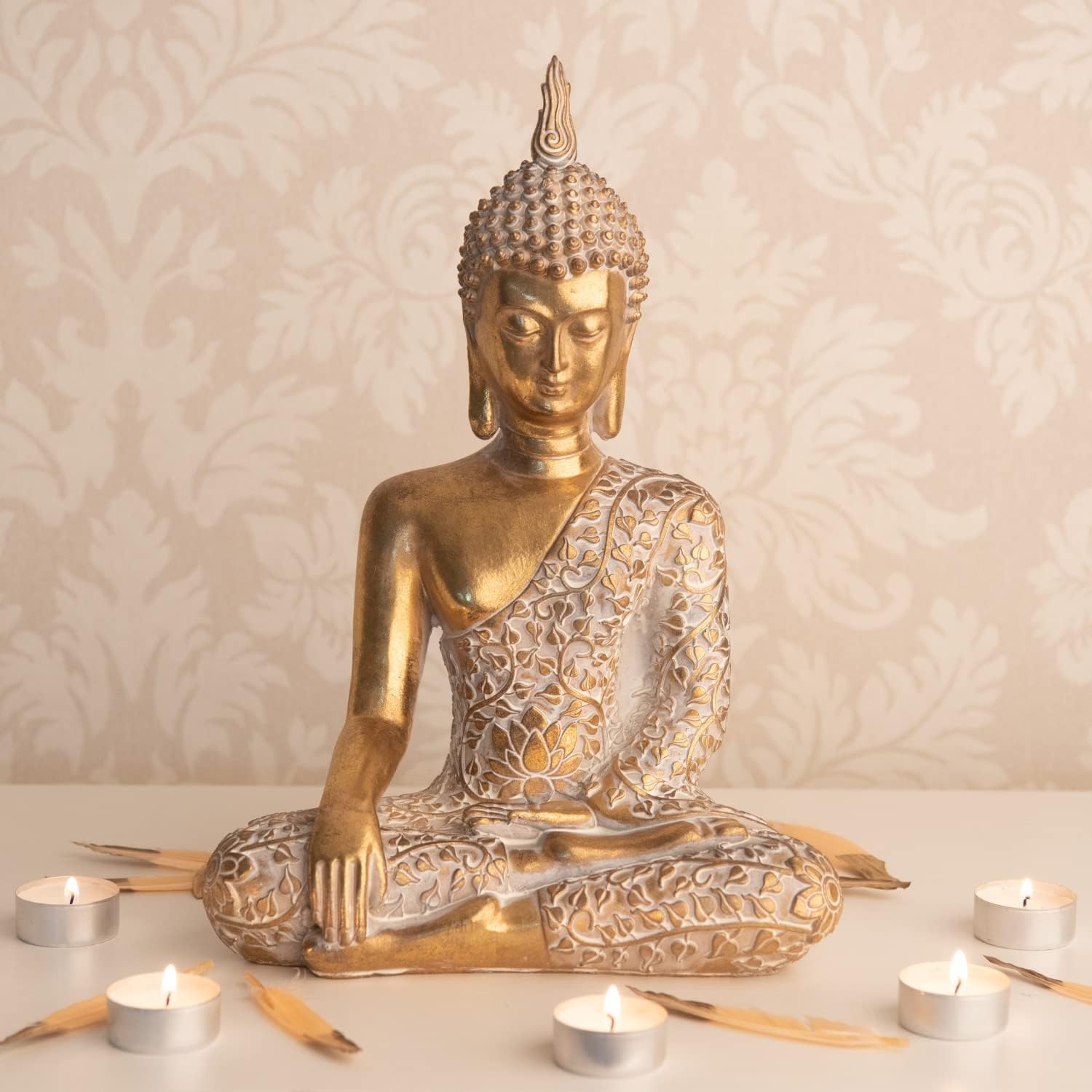 dszapaci Buddha Statue Gold 30cm Dekofigur sitzend mit weißem Muster Buddha Deko Figur klein
