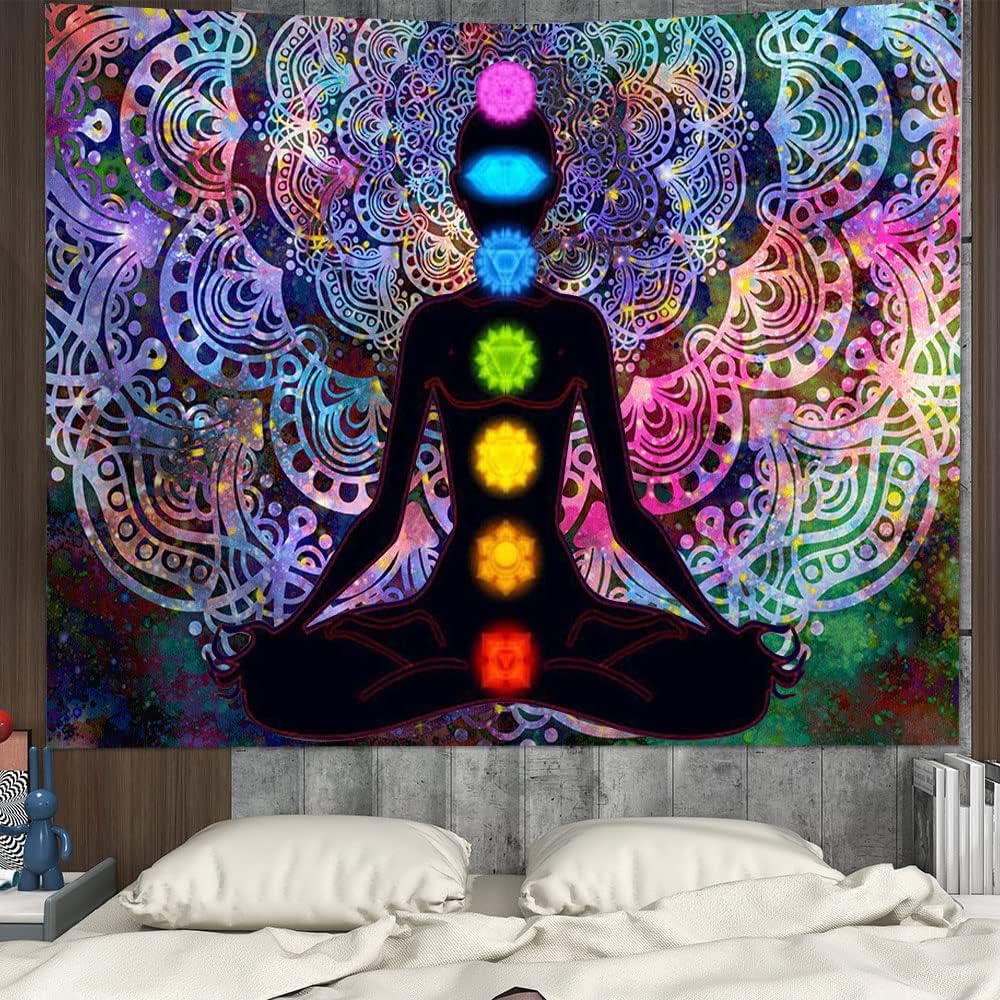 Yoga Mandala Tapestry, Colourful Seven Chakra Tapestry with Installation Kit, for Bedroom, Living Room, Dorm, Studio Room Decor