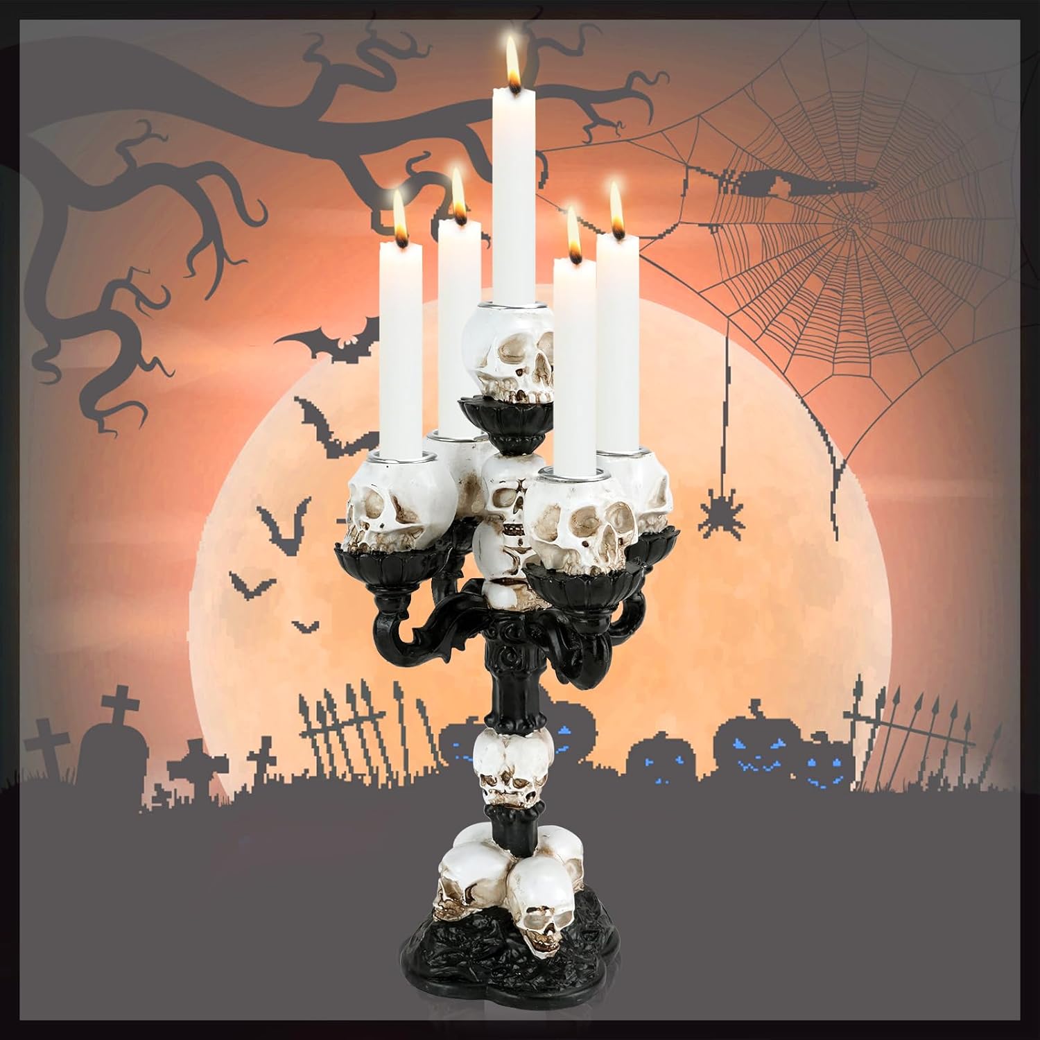 Candle Holder Black Gothic Decoration, Halloween Statue Skull Decorative Candle Holder Taper Candles with 5 Arms, Skull Lamp Resin Ornaments, Vintage Table Decoration for Home Living Room (5 Arms)