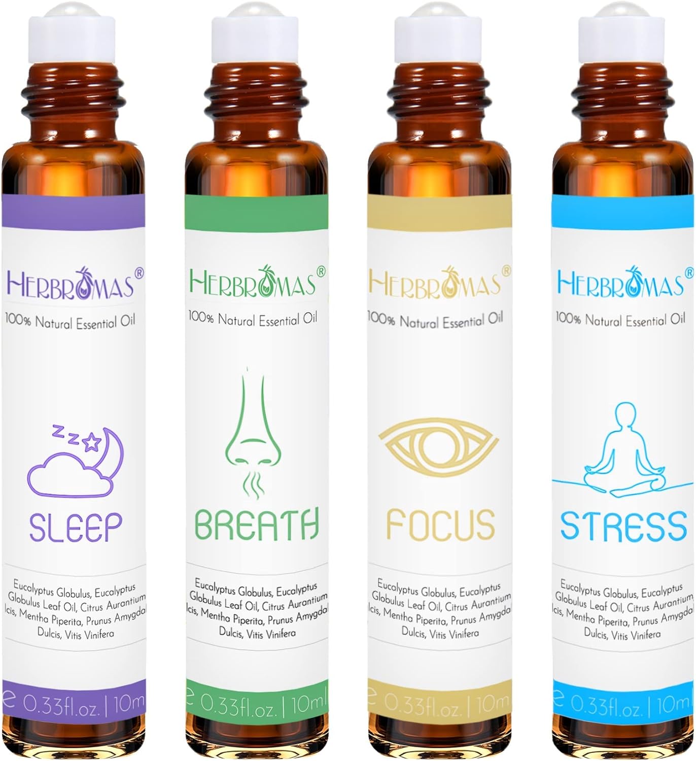Roll-On-Sets mit ätherischen Ölen für die Aromatherapie, Roll-on-Set mit natürlicher, vorverdünnter ätherischer Ölmischung, für Frauen zur Hautpflege und für den Heimgebrauch, Packung mit 4 x 10 ml