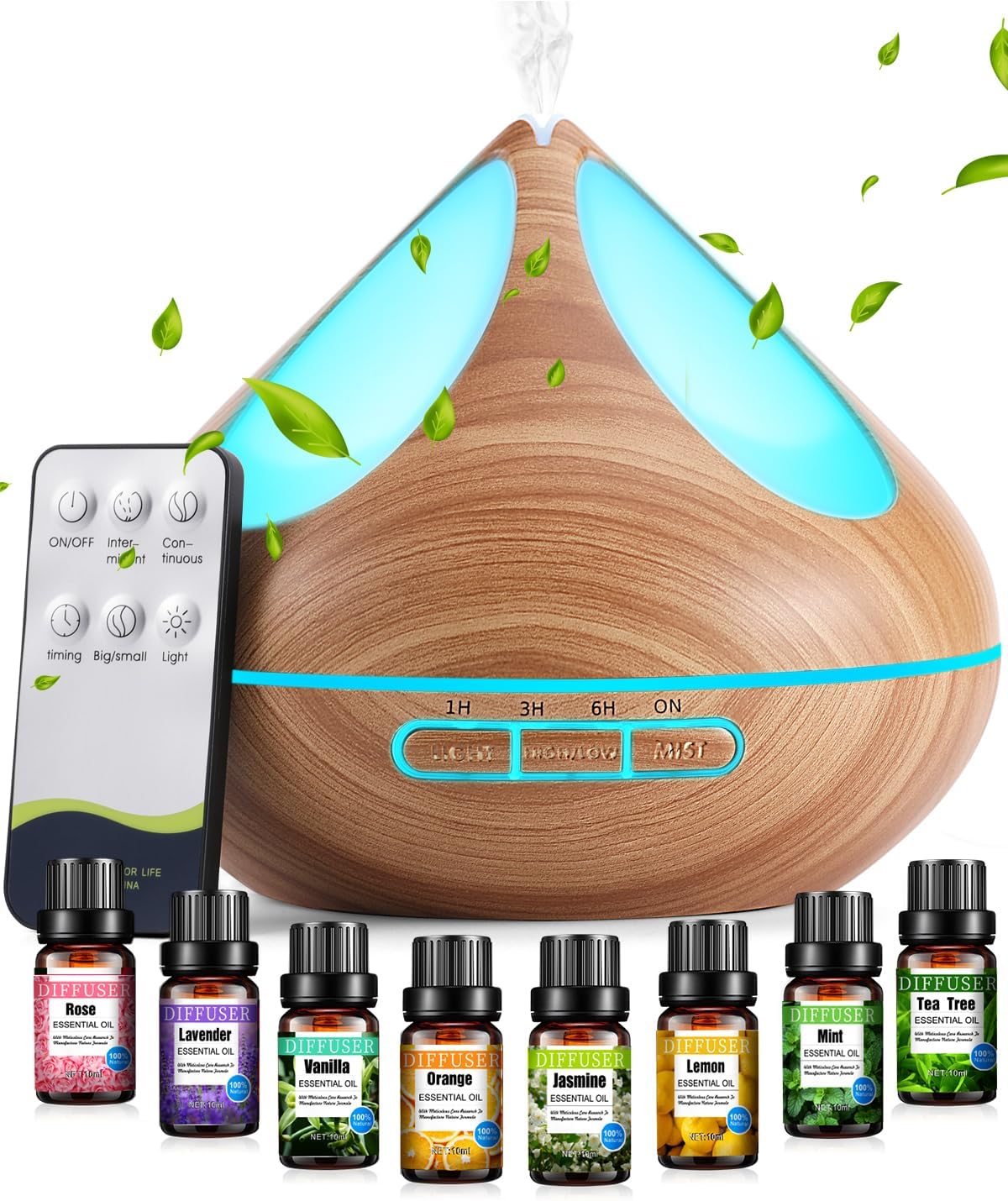 VAAGHANM Aroma Diffuser Diffusoren 500 ml mit 8 ätherischen Ölen, Aromatherapie-Diffusoren, Lufterfrischer, Luftbefeuchter mit Fernbedienung, 4 Timer für Schlafzimmer, Braun