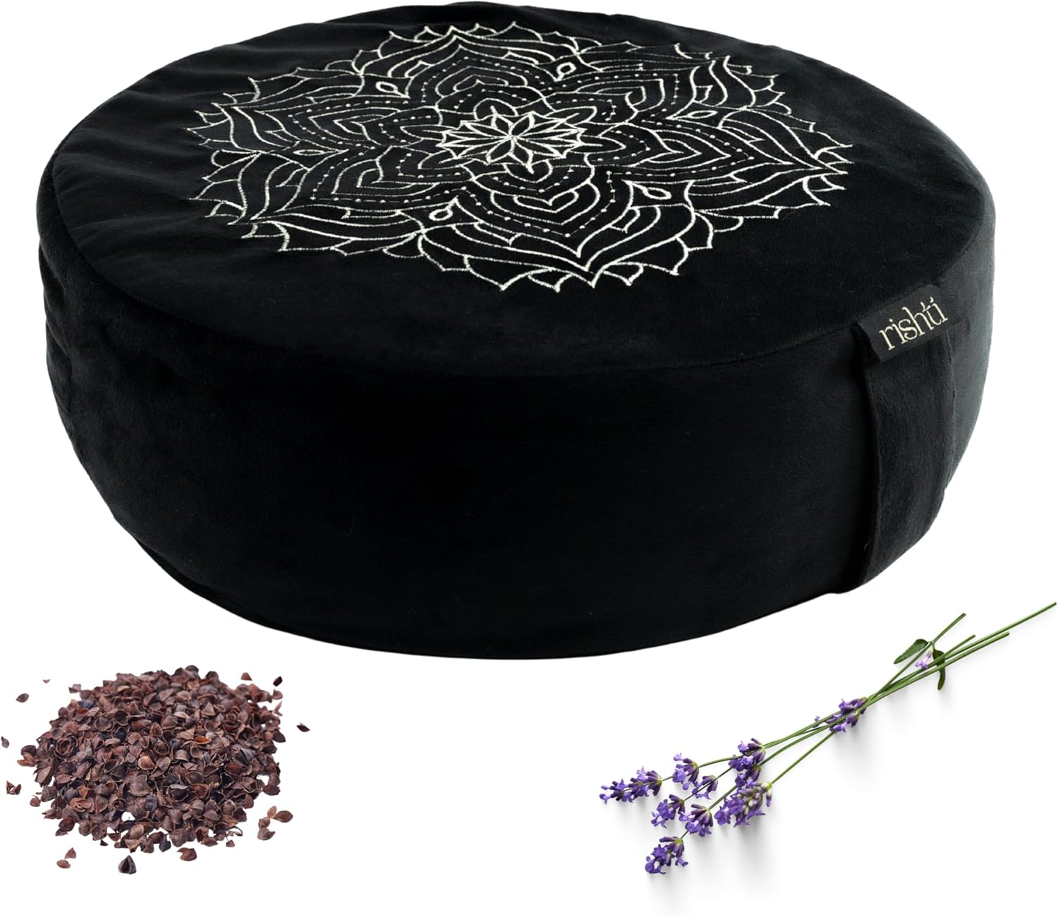 Black Velvet Embroidered Meditation Cushion - Buckwheat Filled with Lavender and Removable Foam Pad - Ideal for Yoga, Stress Relief, Mindfulness, and Holistic Living