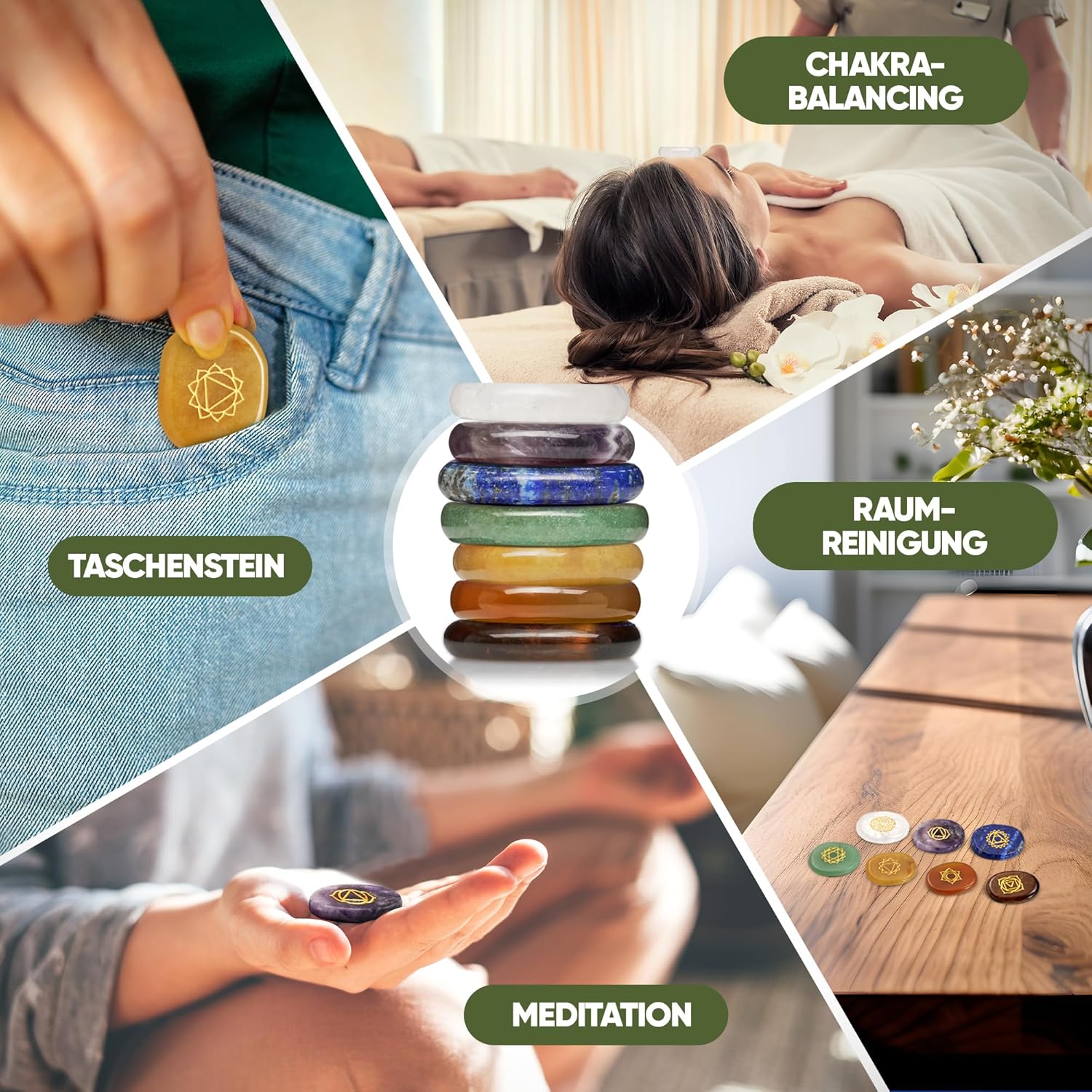 PURAJA Premium Chakra Set mit den 7 wichtigsten Edelsteinen | Heilsteine Set aus echten Edelsteinen | Chakren Steine mit eingravierten Symbolen | Handgefertigte Heilsteine für Meditation