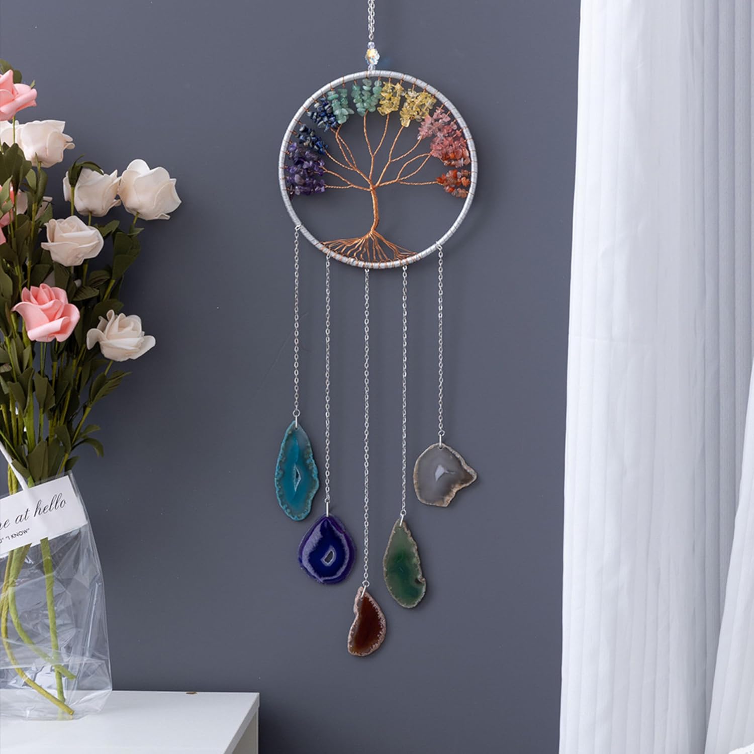 Crystals Tree of Life Dream Catcher, Natural Gemstone Agate Chakra Sign, Wall Hanging, Home Decoration for Meditation, Yoga Wall Art, Mandala Ornaments for Bedroom (7 Chakra Crystals)