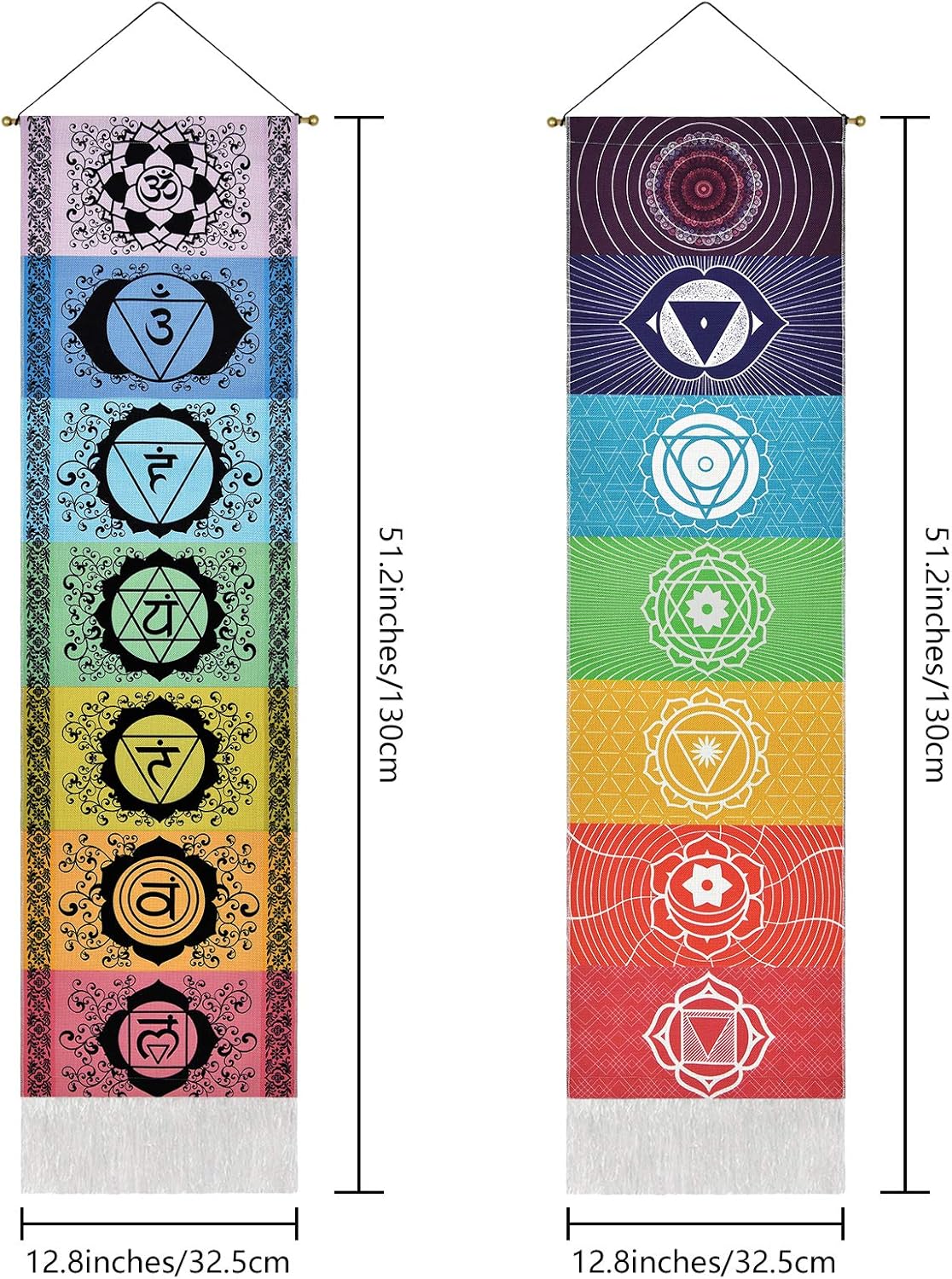 Yugarlibi Set of 2 Chakra Wall Hangings, Meditation Yoga Trippy Tapestry with Tassel, Mandala Tapestry, Wall Hangings for Bedroom, Living Room, Black and White Chakra 130 x 32.5 cm