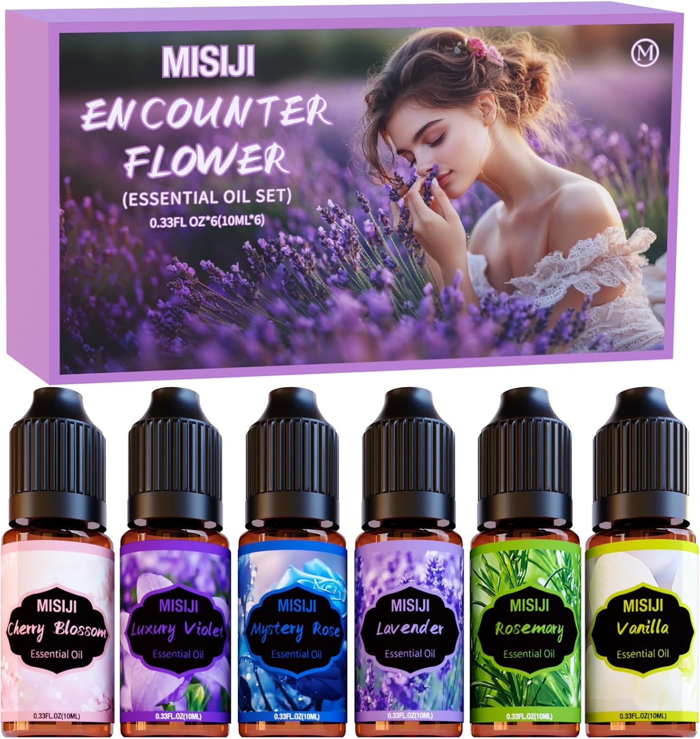 MISIJI Flower Ätherische Öle Set für Diffuser, Aromatherapie Duftöl GeschenkSet, Duftöle für Diffuser,Kerzenherstellung,Mestery Rose, Kirschblüte, Luxus Veilchen, Rosmarin, Vanille, Lavendel
