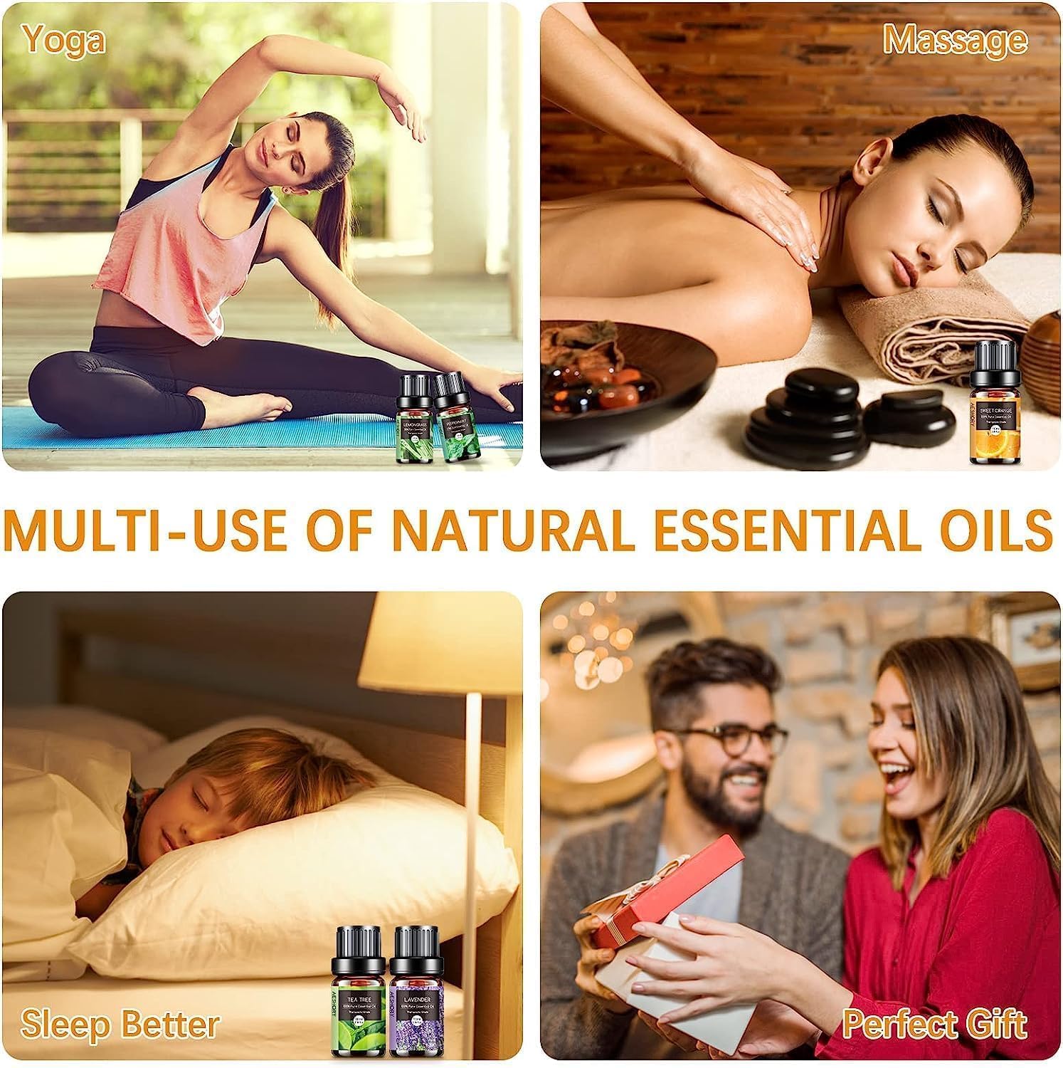 AESHORY Essential Oils Set for Diffuser 6 x 10 ml, 100% Natural Aromatherapy Fragrance Oil, Aroma Oil Gift Set for Soap, Candles, Humidifier, Spa - Lavender, Mint, Tea Tree, Sweet Orange, Eucalyptus