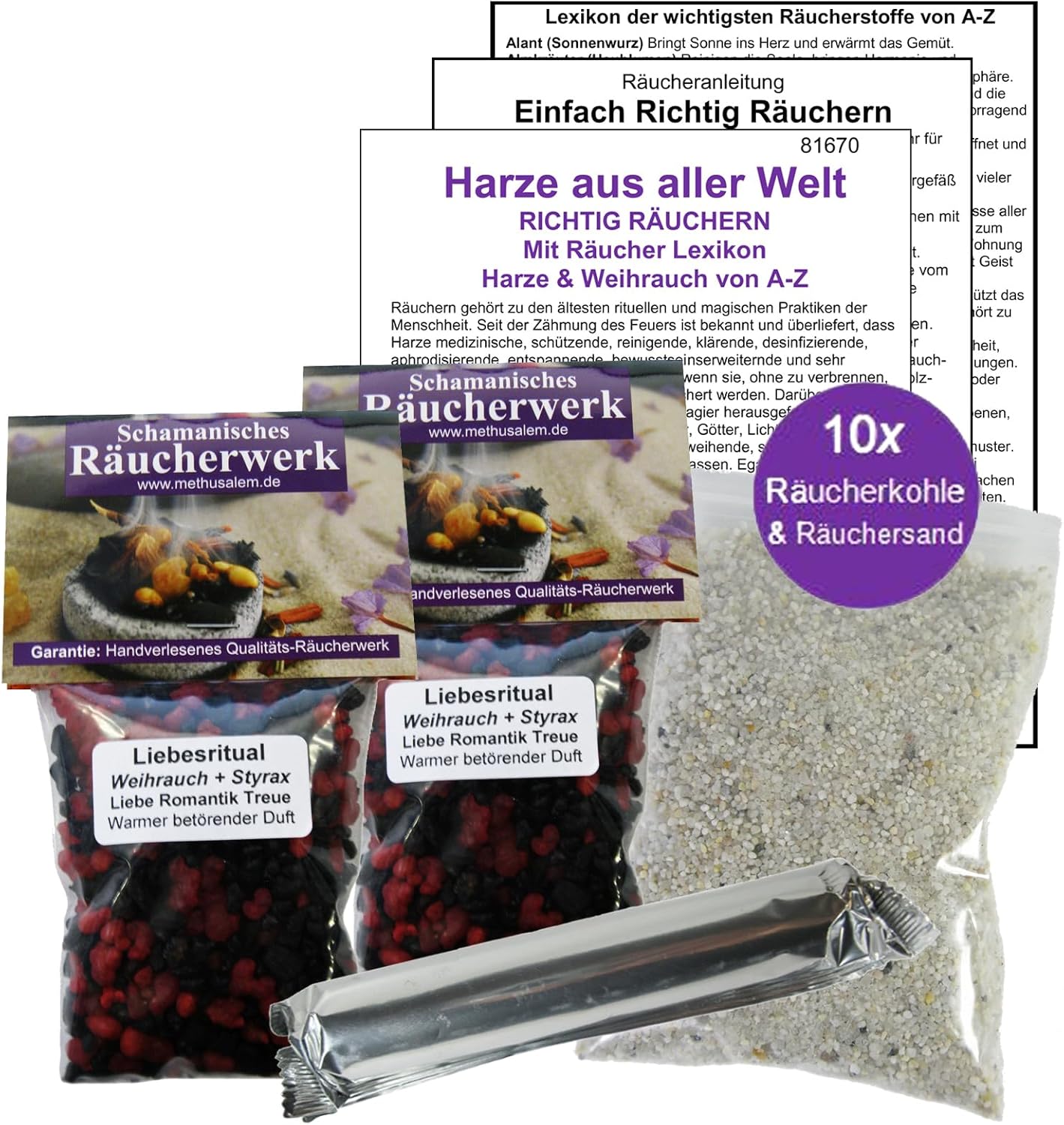 2 x 50ml LIEBESRITUAL WEIHRAUCH & Styrax Reine HARZE für LIEBESZAUBER & LIEBESRÄUCHERUNG. 6-TLG Räucherset mit Räucherwerk für Romantik + Treue. 81670-53
