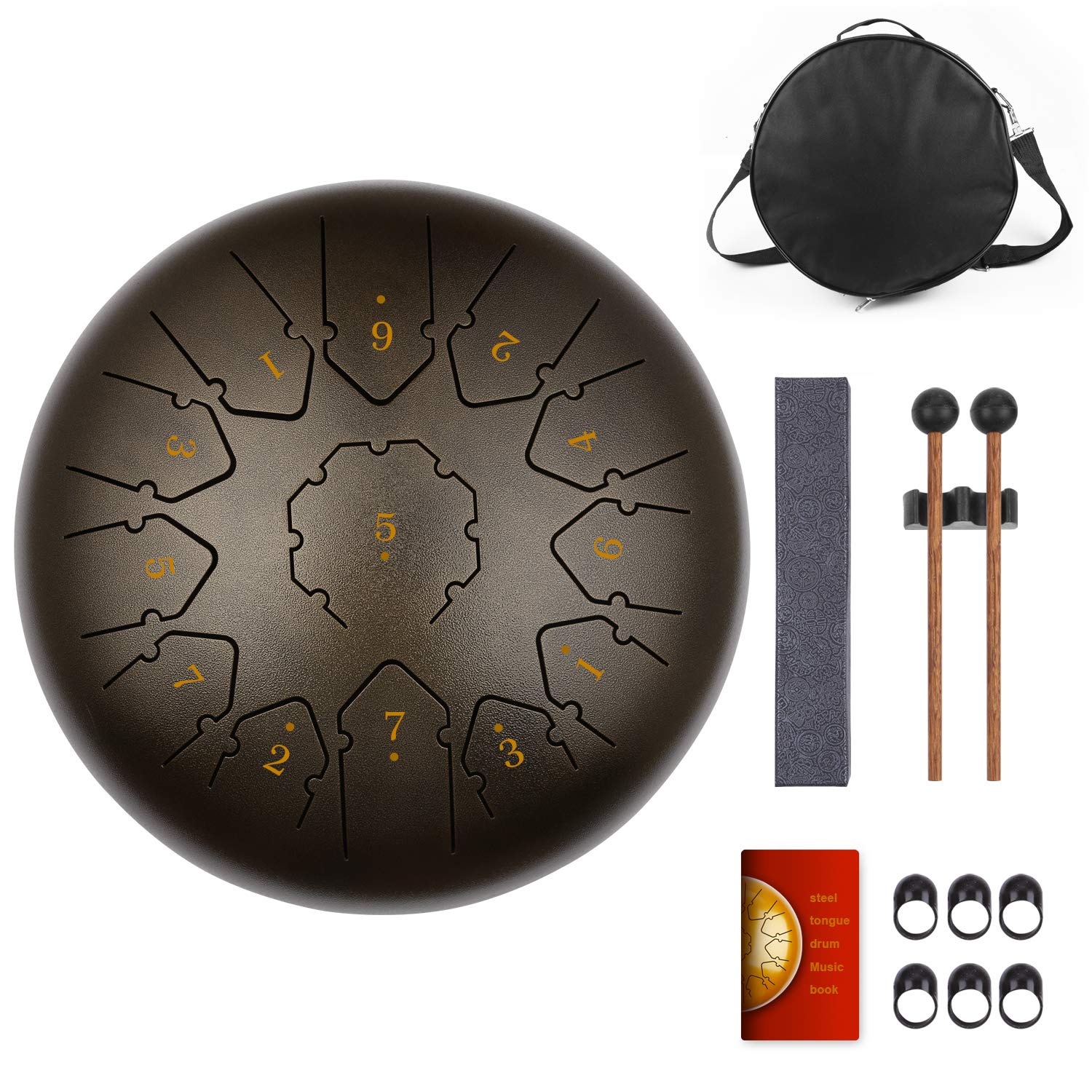 KUD Steel Tongue Drum, 12 Zoll 13 Tone C-Dur Zungentrommel Ätherische Trommel Stahl Handpan Drum Schlagzeug Instrument mit Trommelschlägeln Tragetasche für Meditation Yoga Klangheilung