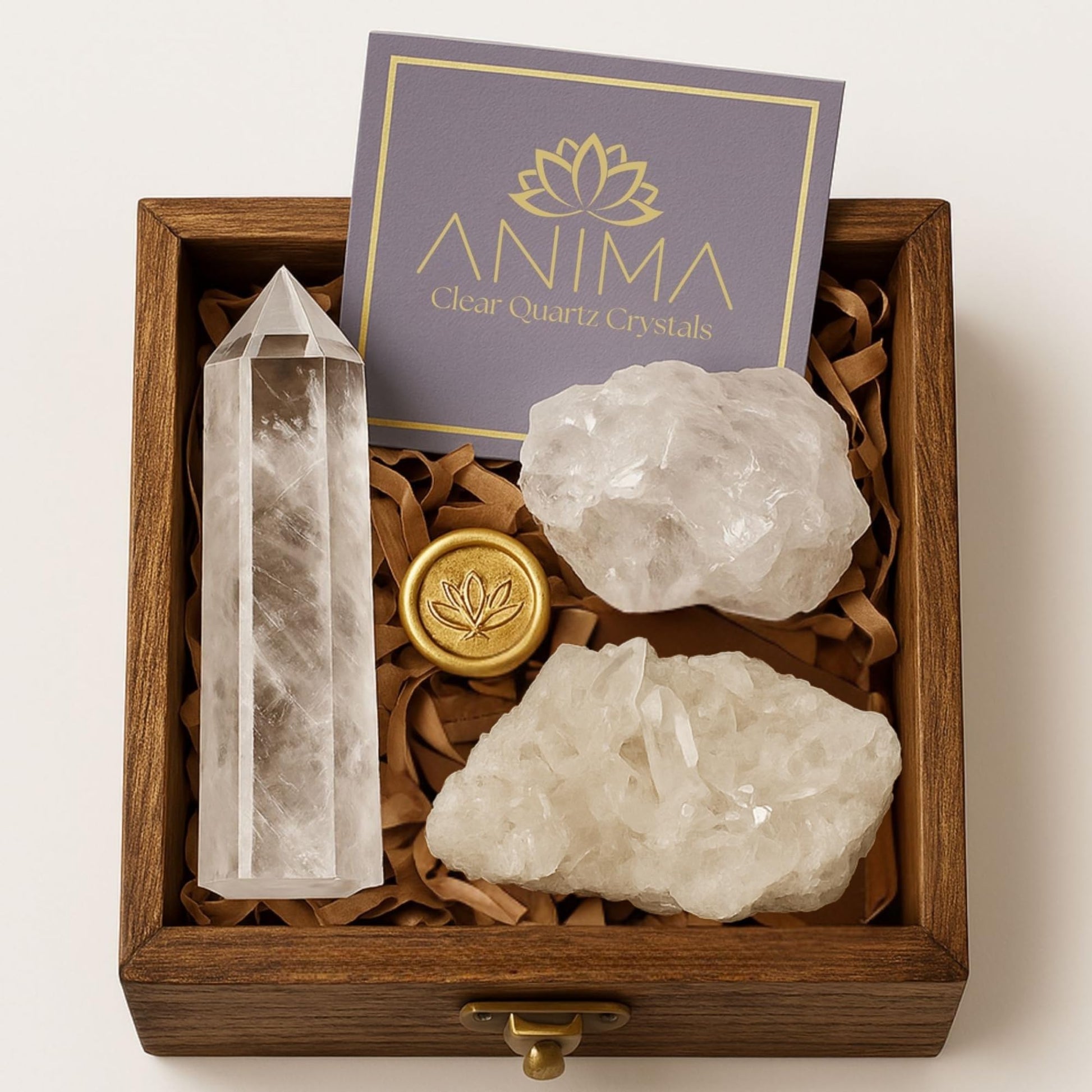 Anima Premium 7 Chakra Kristalle Steine Set – Edelsteine Heilsteine mit Rosenquarz, Amethyst und Lapislazuli in einer Holzbox für Heilung – Spirituelles Geschenk für Frauen mit Anleitungsheft