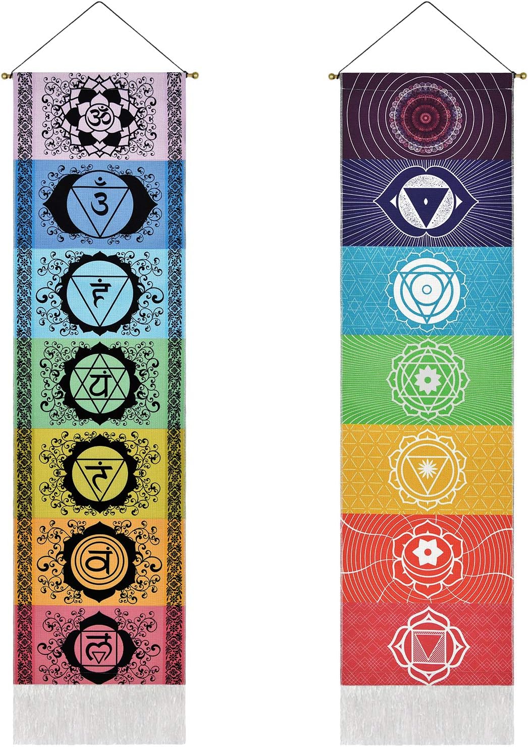 Yugarlibi Set of 2 Chakra Wall Hangings, Meditation Yoga Trippy Tapestry with Tassel, Mandala Tapestry, Wall Hangings for Bedroom, Living Room, Black and White Chakra 130 x 32.5 cm