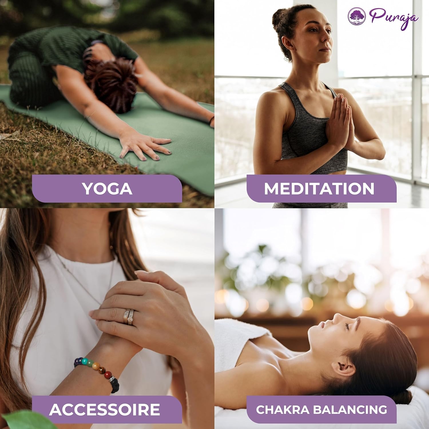 PURAJA Chakra Armband aus echten Edelsteinen | Premium Naturstein Armband | Für mehr Harmonie & Balance | 7 Chakra und Lavastein Perlen