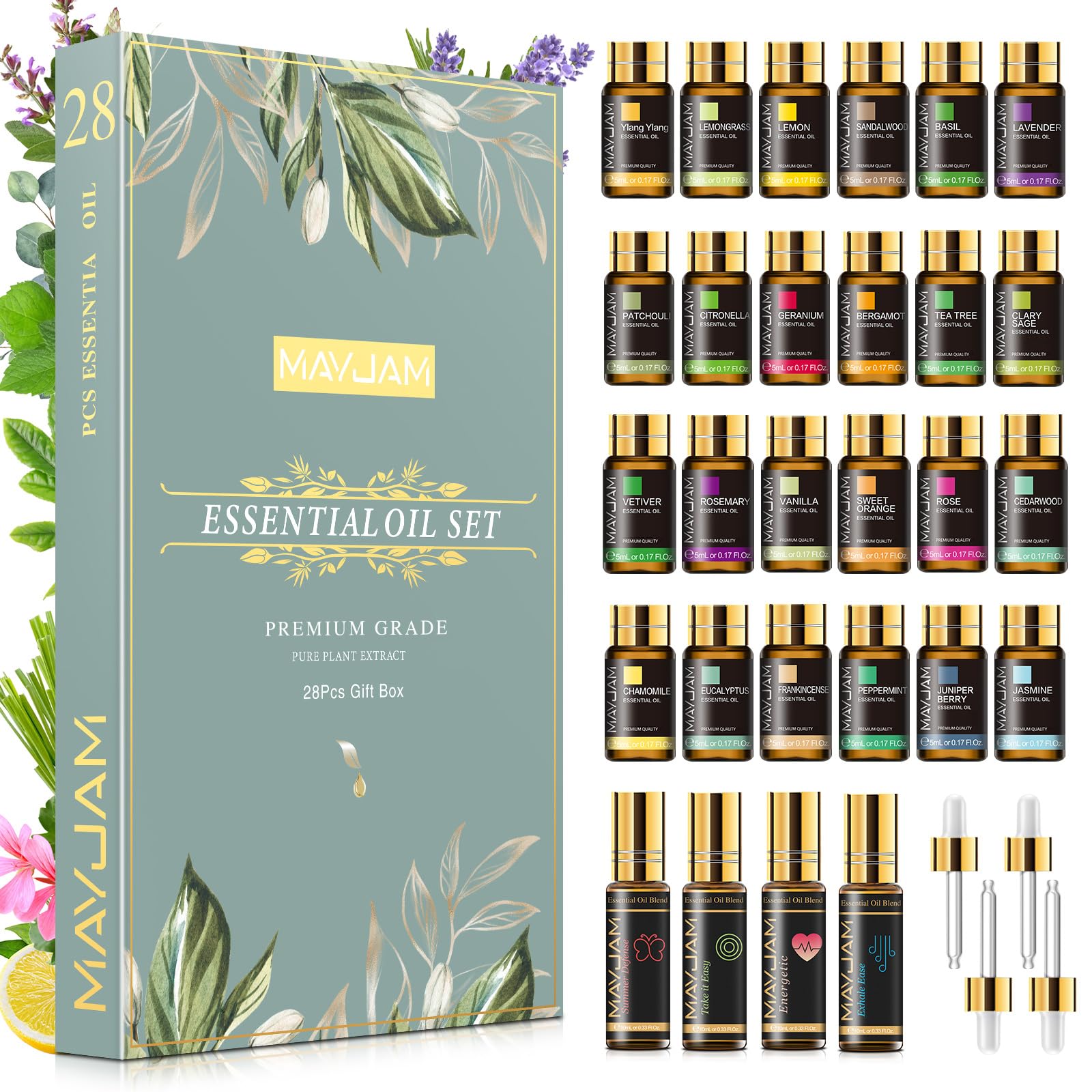 MAYJAM Ätherische Öle Set 20Pcs, Ätherisches Öl Geschenk Set für Diffusor, Luftbefeuchter - Lavendel Jasmin Eukalyptus Vanille Sandelholz Süßorange Rose Bergamotte und Mehr