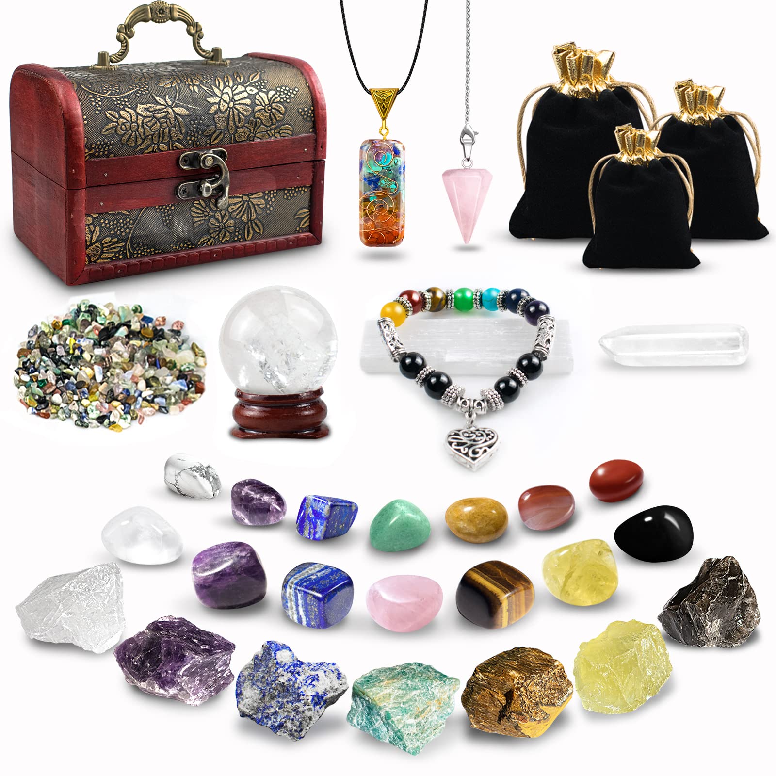 21 Stück Kristalle Steine Set,Kristall Heilsteine,Heilkristalle Edelsteine 7 Kristallen,7 Chakra-Stein und Pyramide mit Stoffbeutel für Meditation,Adventskalender,Reiki,Energieausgleich