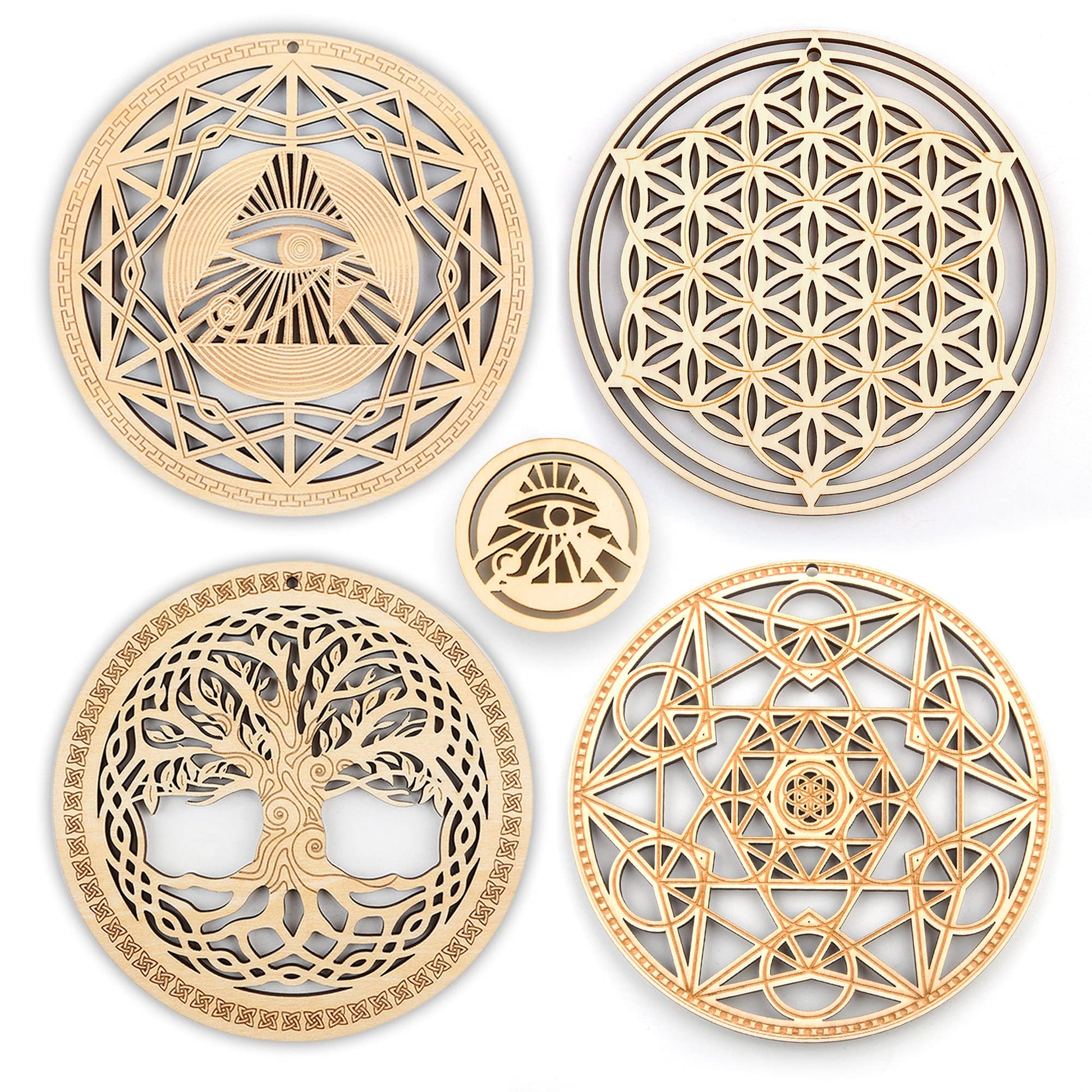 13.5 cm Heilige Geometrie Wandkunst, 4-teiliges Set, Meditationsdekoration (das Auge des Horuss, die Blume des Lebens, der Baum des Lebens, Metatron's Cube), Holzkunst-Set, spirituelle Geschenke (B)