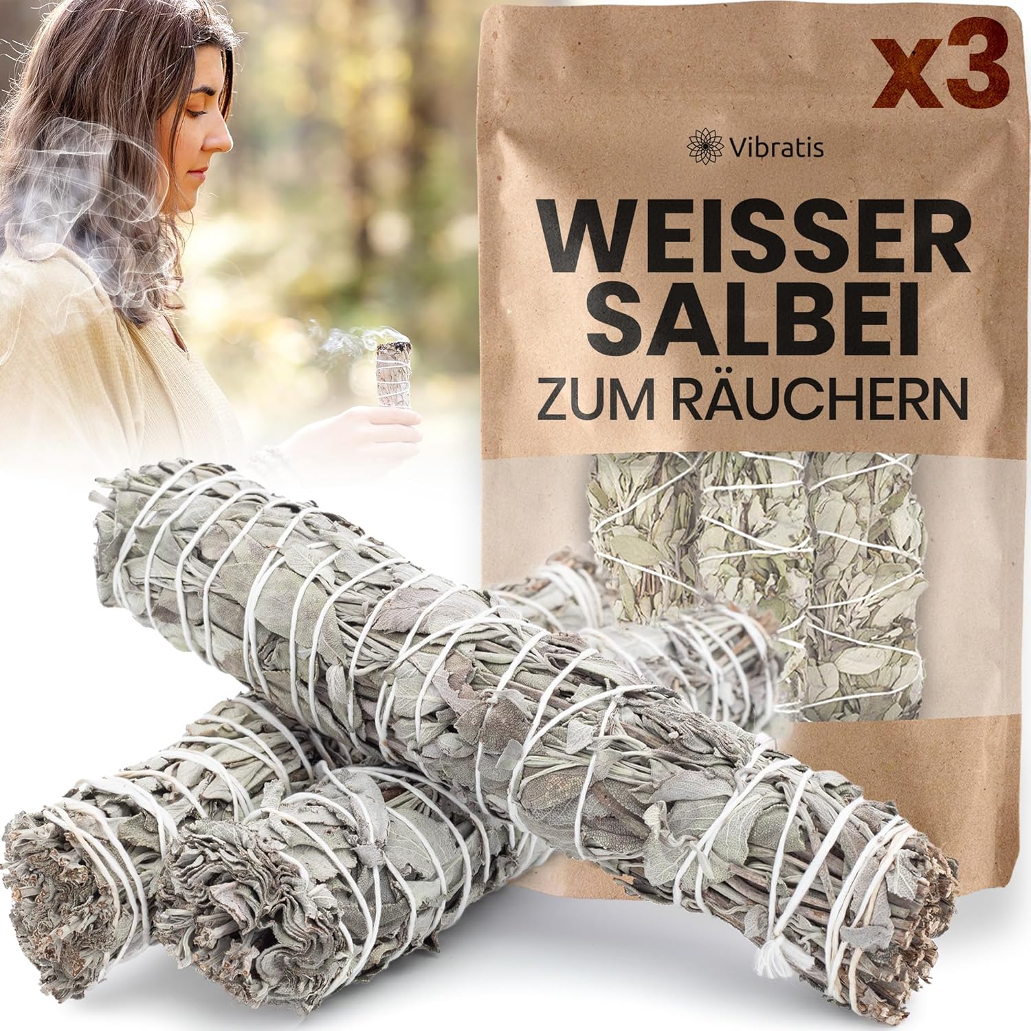 VIBRATIS Weißer Salbei zum Räuchern – 3er Set Räucherbündel – Natürliche Reinigung & Energetische Klärung für Meditation & Rituale
