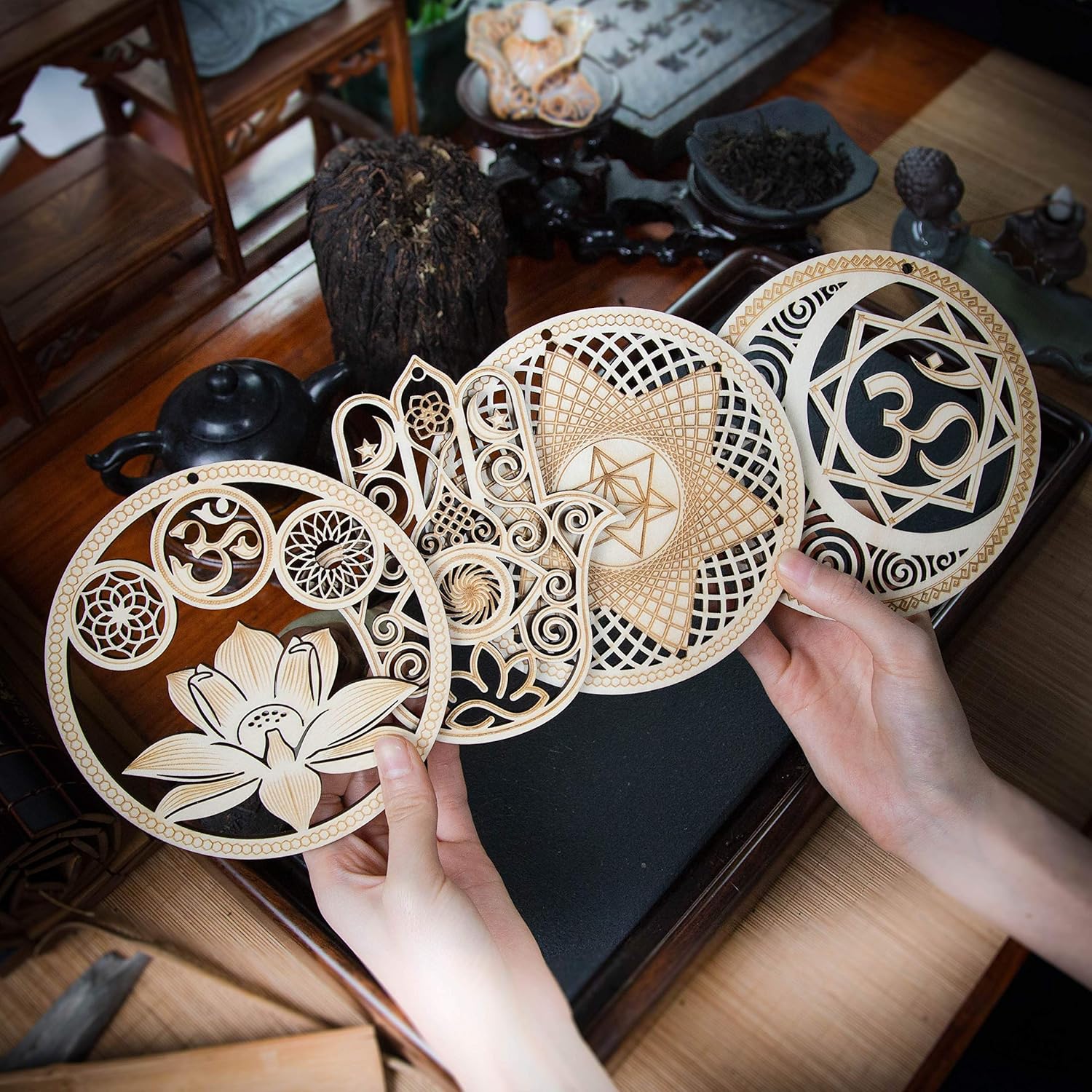 13.5 cm Heilige Geometrie Wandkunst, 4-teiliges Set, Meditationsdekoration (das Auge des Horuss, die Blume des Lebens, der Baum des Lebens, Metatron's Cube), Holzkunst-Set, spirituelle Geschenke (B)