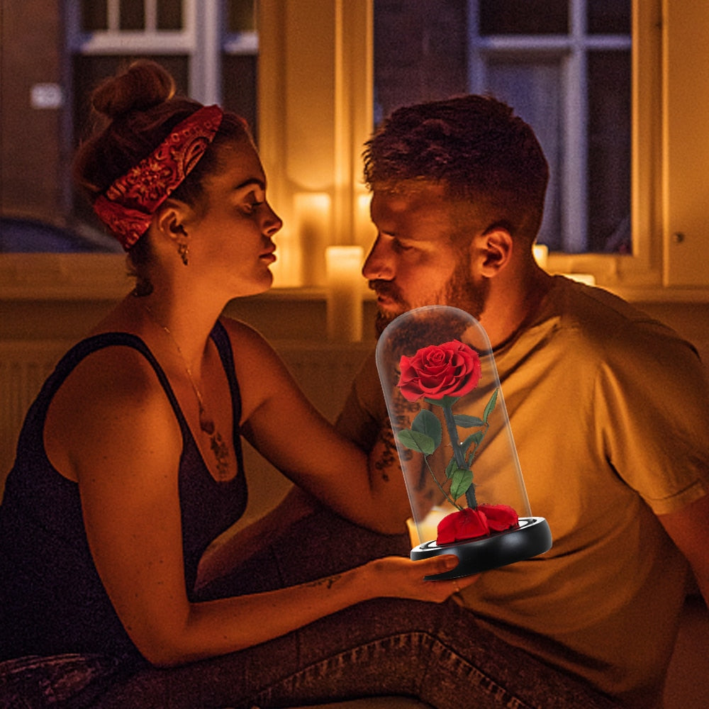 Red Eternal Roses with Light In Glass